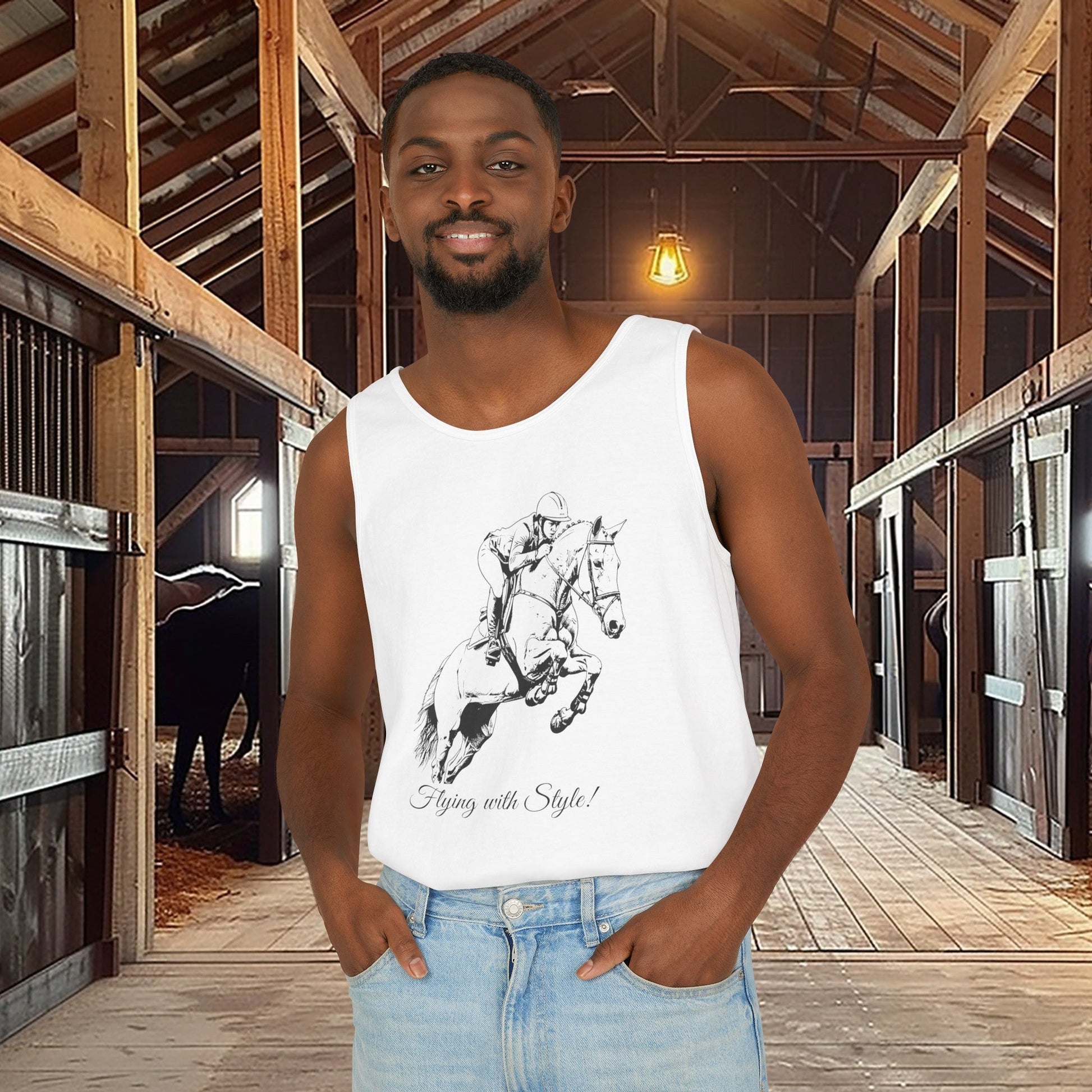 Comfort Color Hunter Jumper Tank Top, "Fly with Style" Horse Show - FlooredByArt