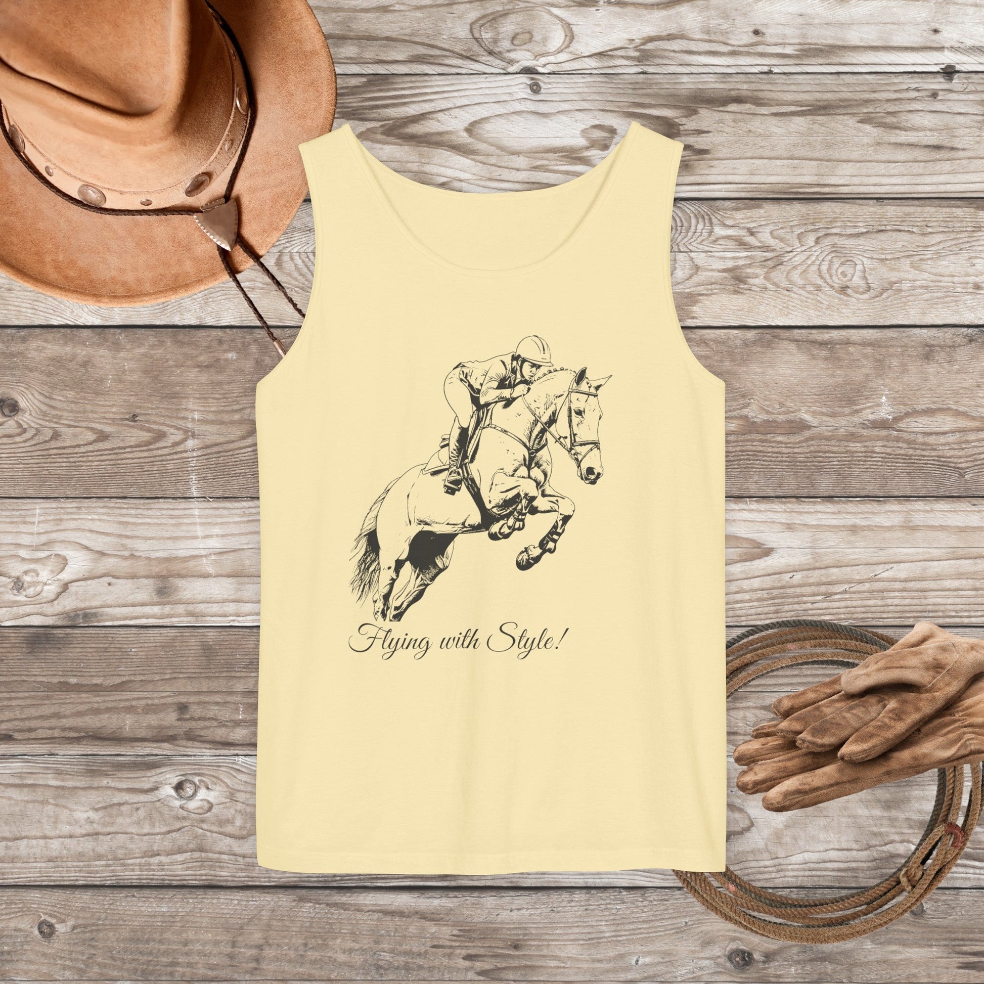 Comfort Color Hunter Jumper Tank Top, "Fly with Style" Horse Show - FlooredByArt