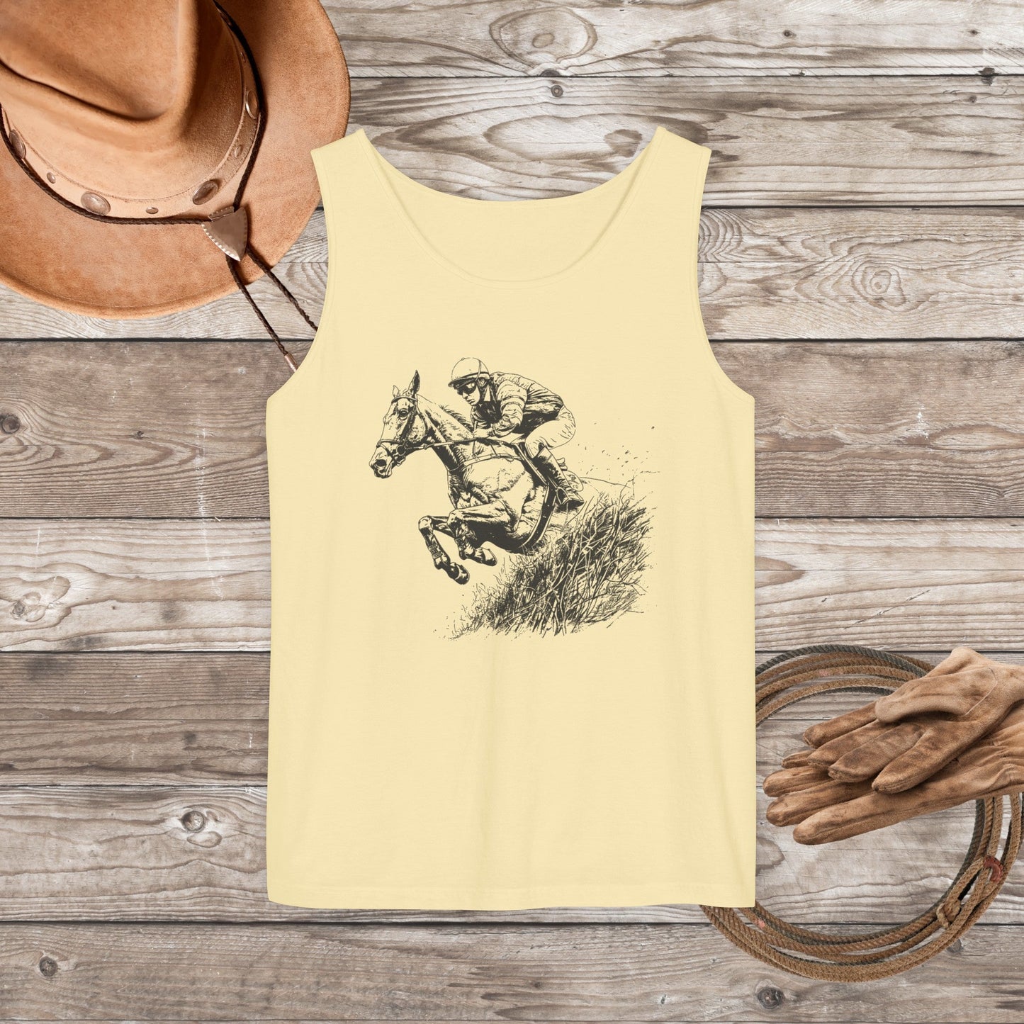 Comfort Color Hunter Jumper Tank Top, Horse Drawing, Steeplechase Horse Art Tee - FlooredByArt