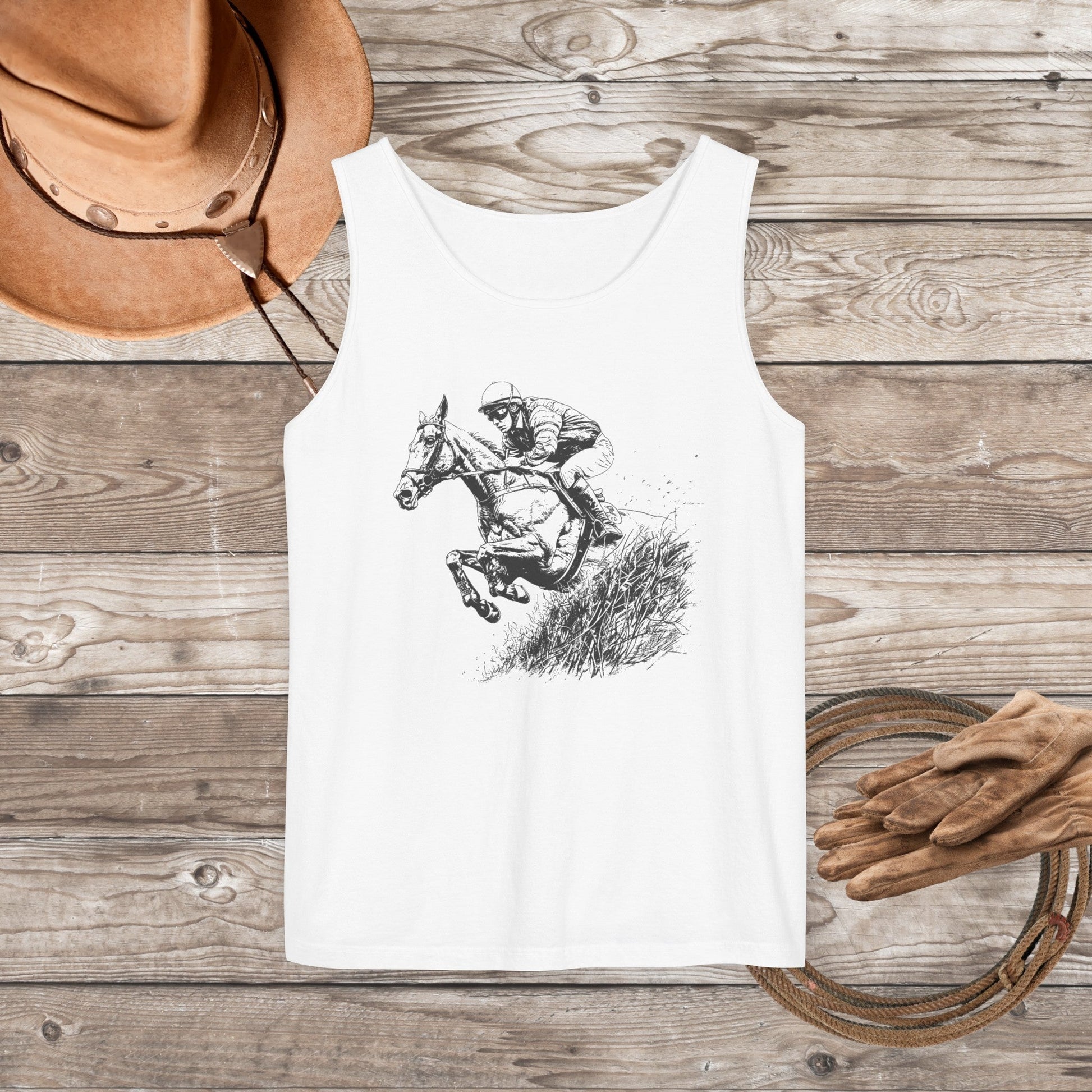 Comfort Color Hunter Jumper Tank Top, Horse Drawing, Steeplechase Horse Art Tee - FlooredByArt