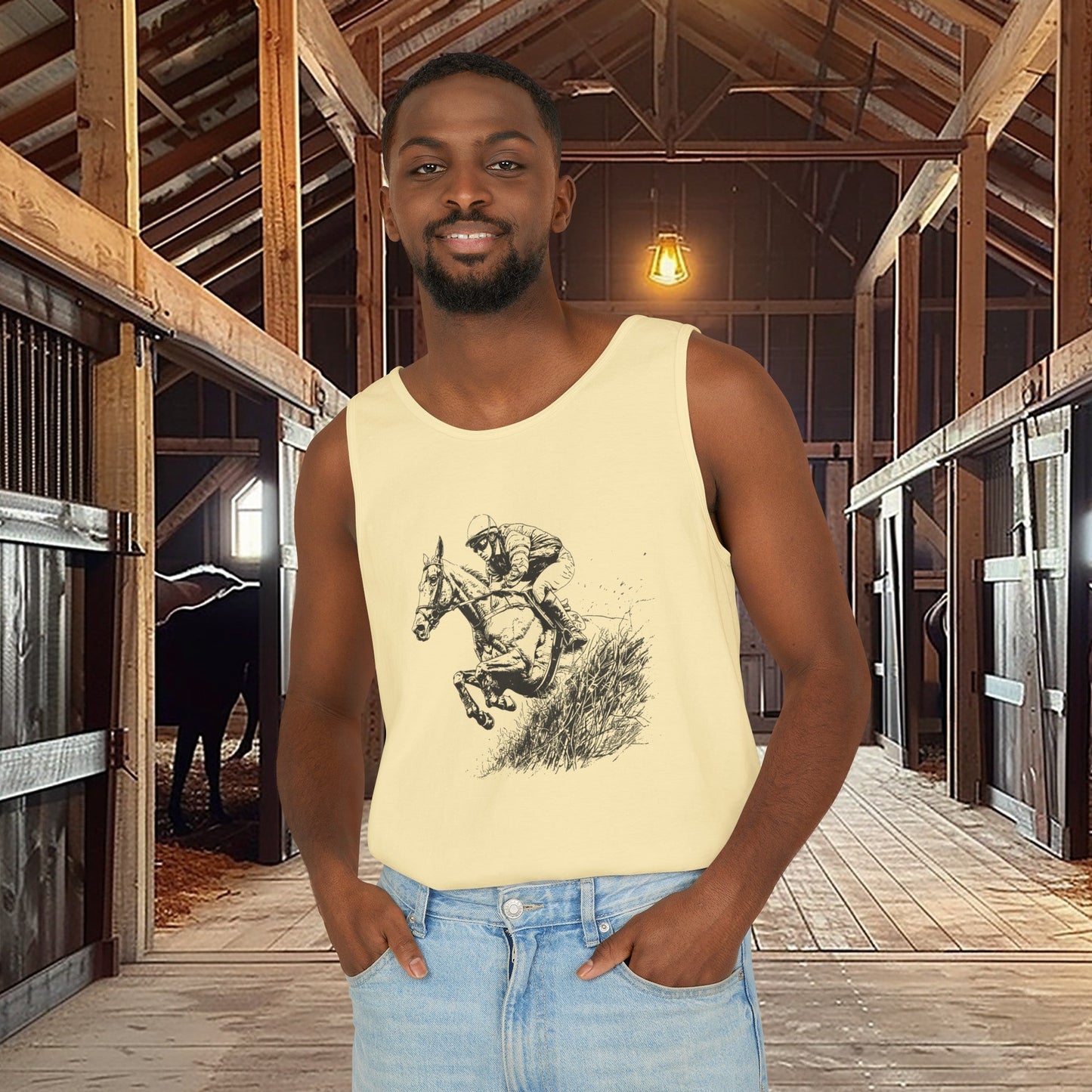 Comfort Color Hunter Jumper Tank Top, Horse Drawing, Steeplechase Horse Art Tee - FlooredByArt