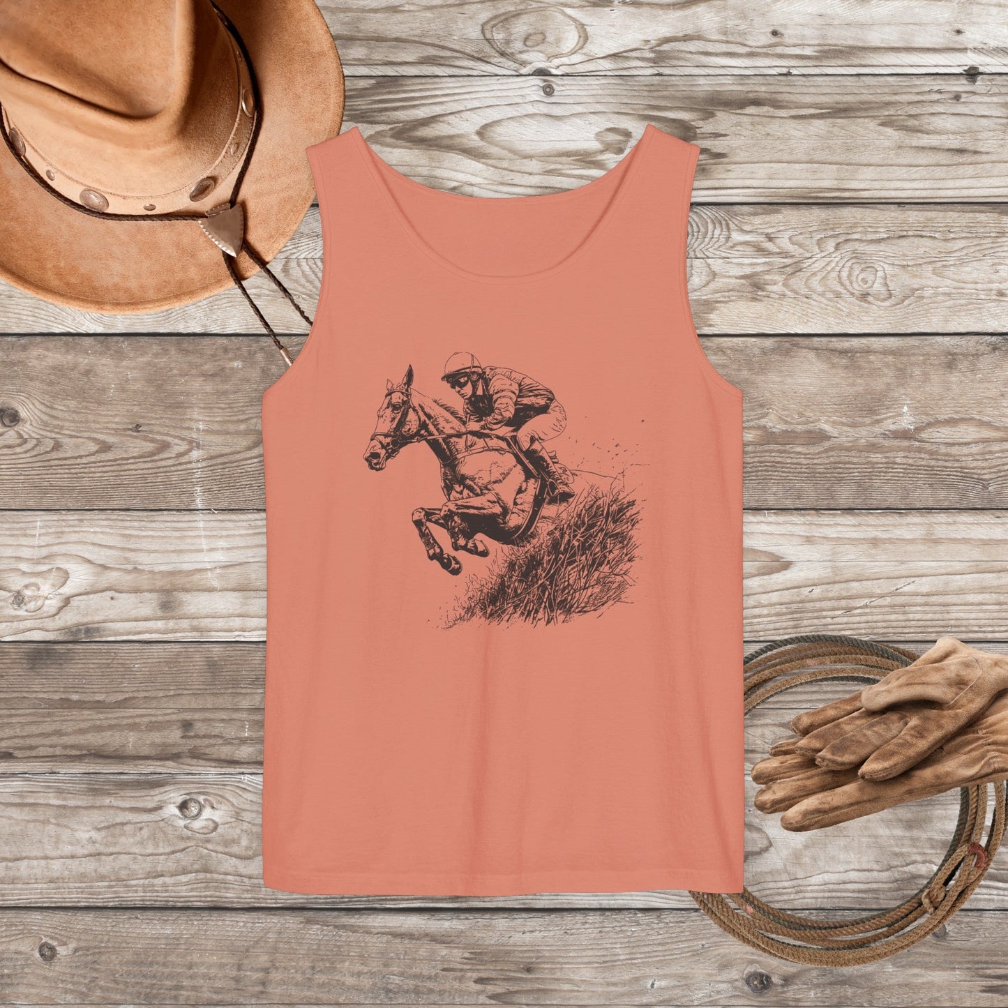 Comfort Color Hunter Jumper Tank Top, Horse Drawing, Steeplechase Horse Art Tee - FlooredByArt