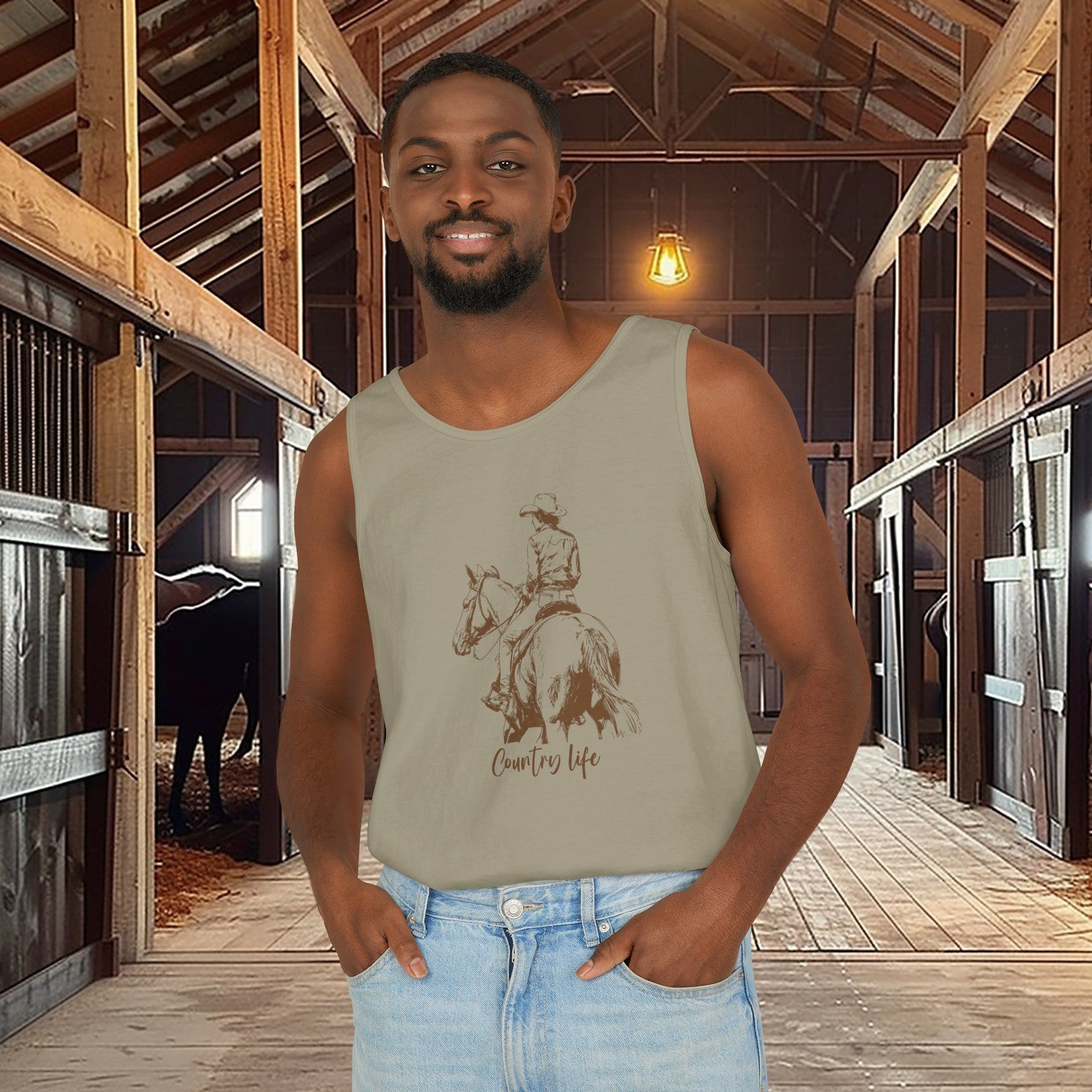 Comfort Color Western Tank Top, New Horse Drawing, "Country Life" - FlooredByArt