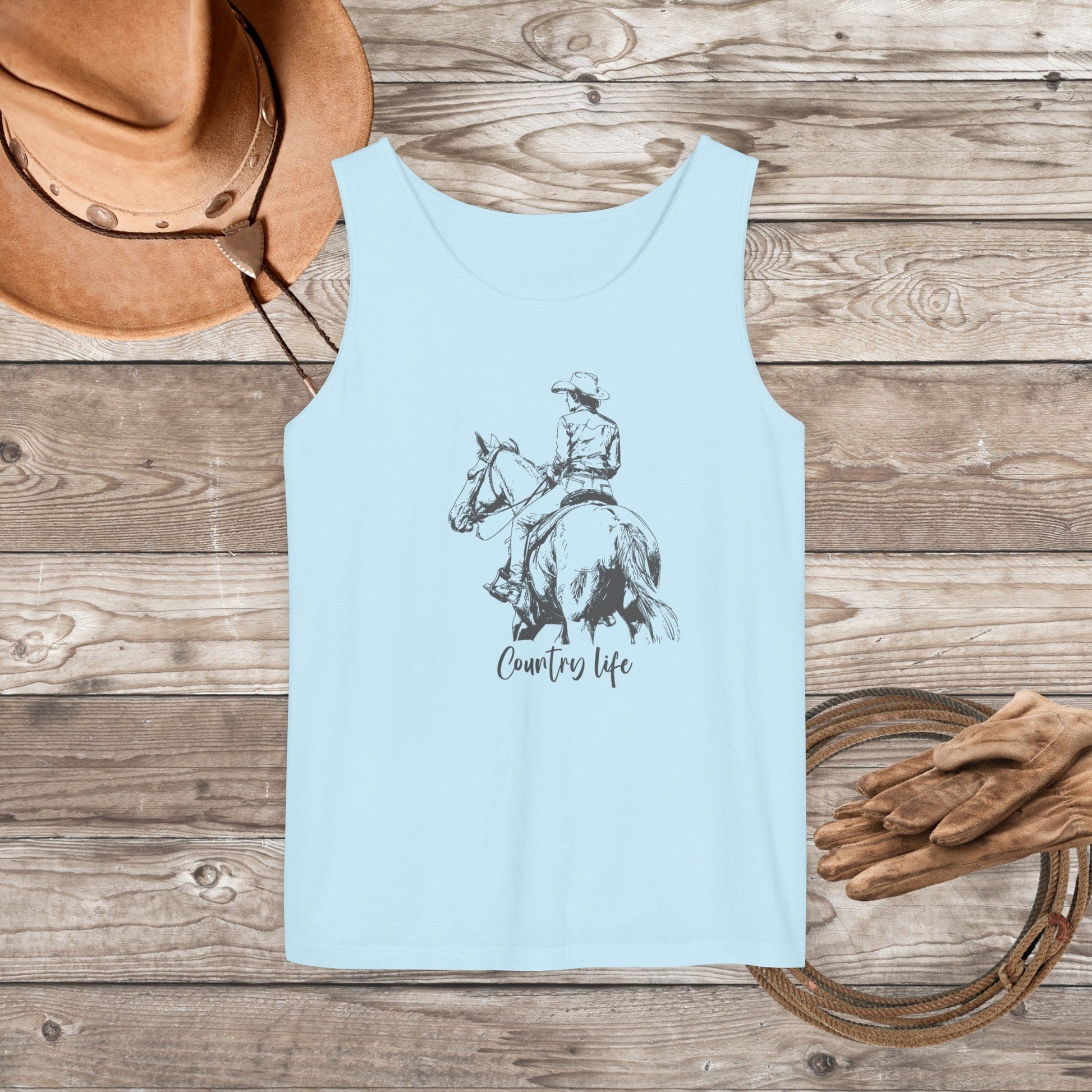 Comfort Color Western Tank Top, New Horse Drawing, "Country Life" - FlooredByArt