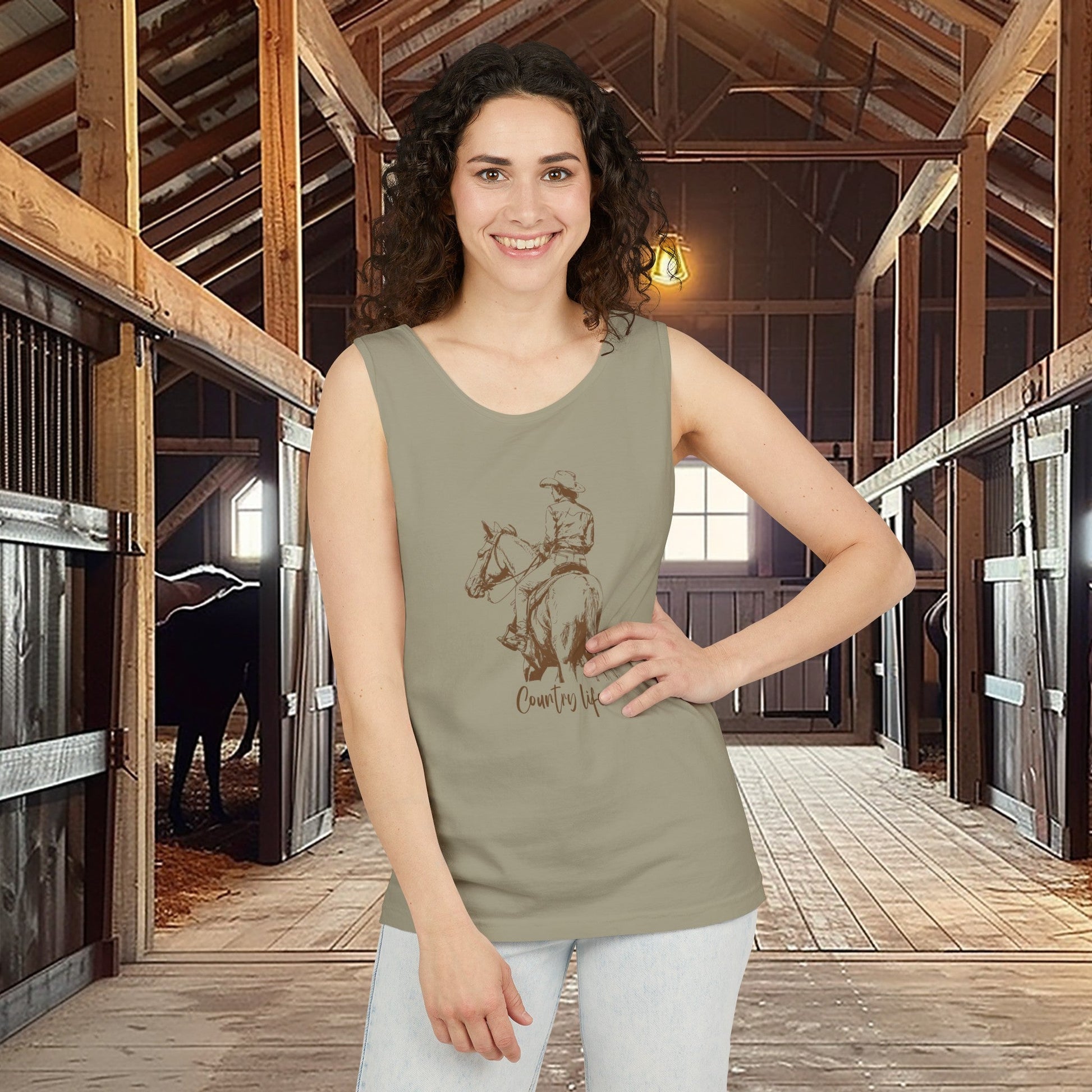 Comfort Color Western Tank Top, New Horse Drawing, "Country Life" - FlooredByArt