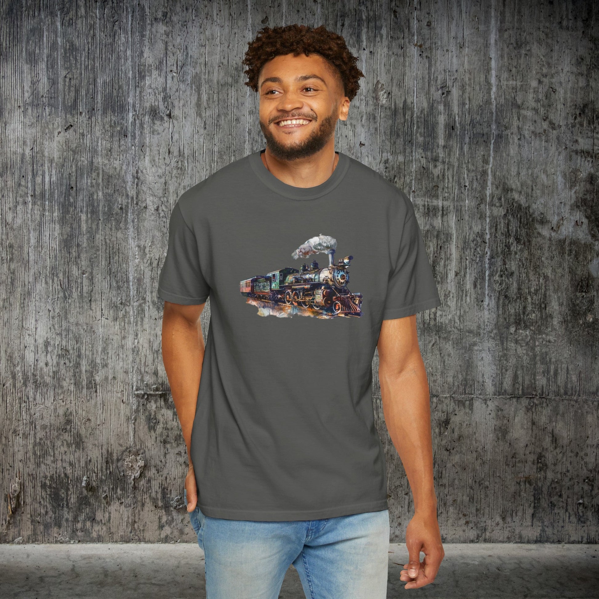 Comfort Colors Train T-Shirt, Vintage Train Watercolor T Shirt, Railroad Shirt - FlooredByArt