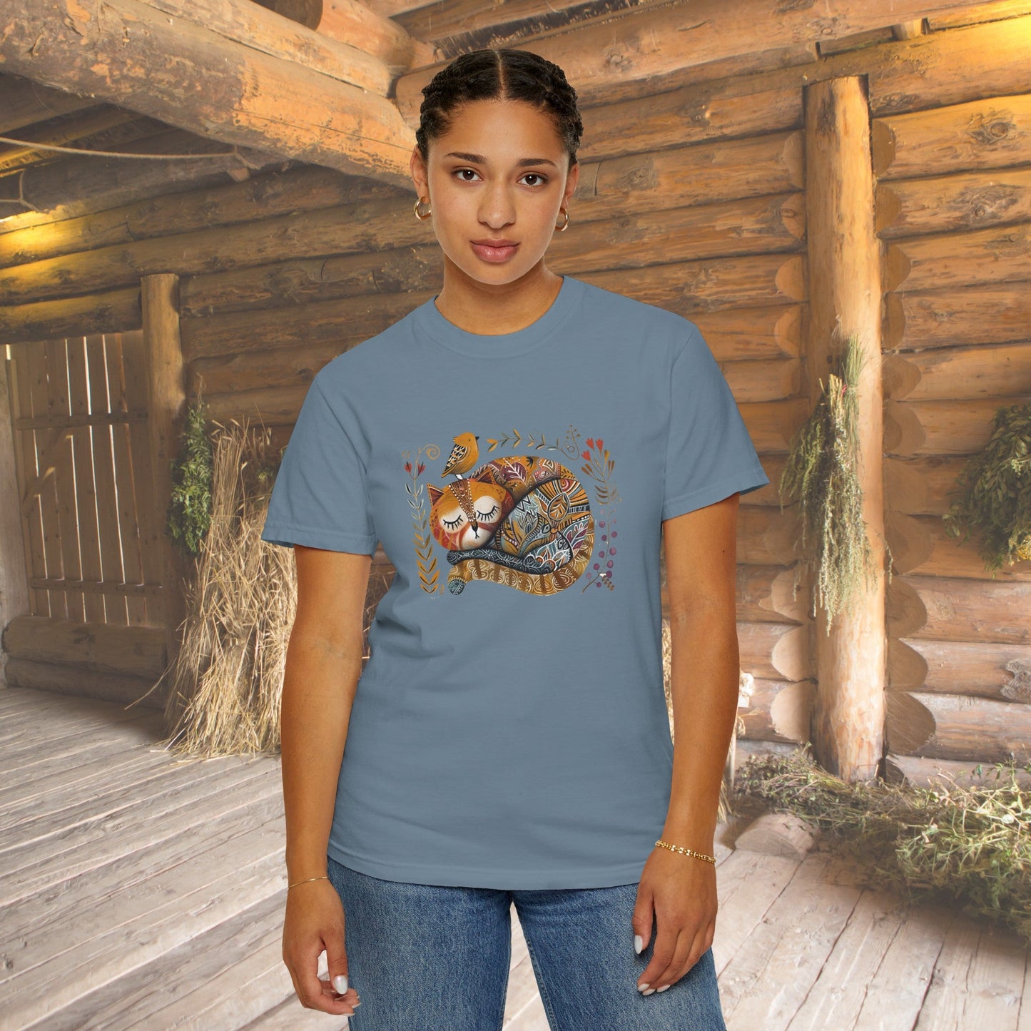 Cottagecore Cat and Birds Shirt, Folk Art Scandi Art T Shirt - FlooredByArt
