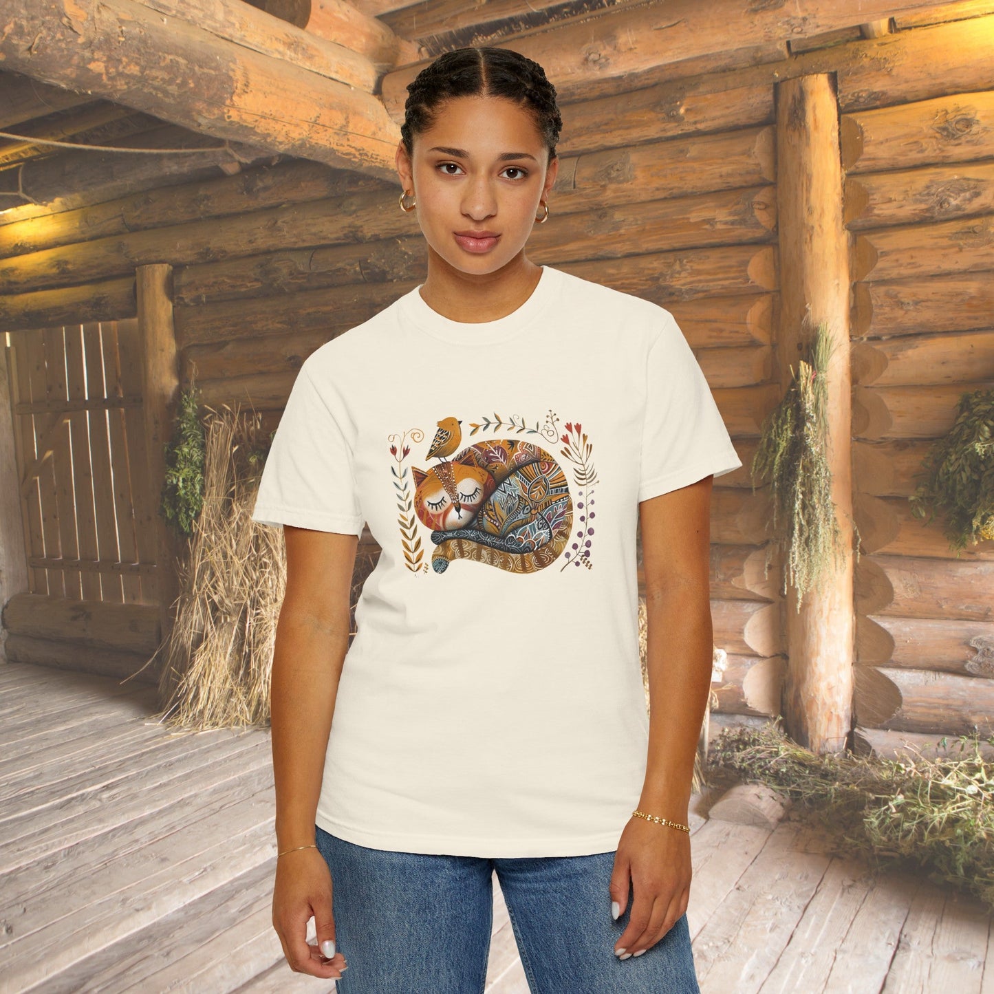 Cottagecore Cat and Birds Shirt, Folk Art Scandi Art T Shirt - FlooredByArt
