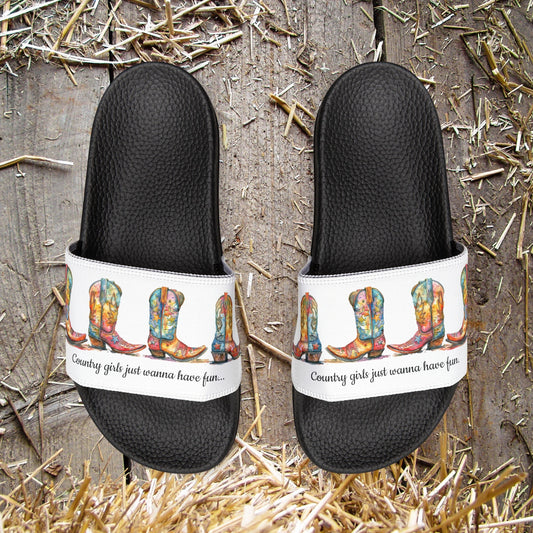 Country Cowgirl Slide Sandals, Country Girls Wanna Have Fun Shoes, Cowgirl Boot Design - FlooredByArt