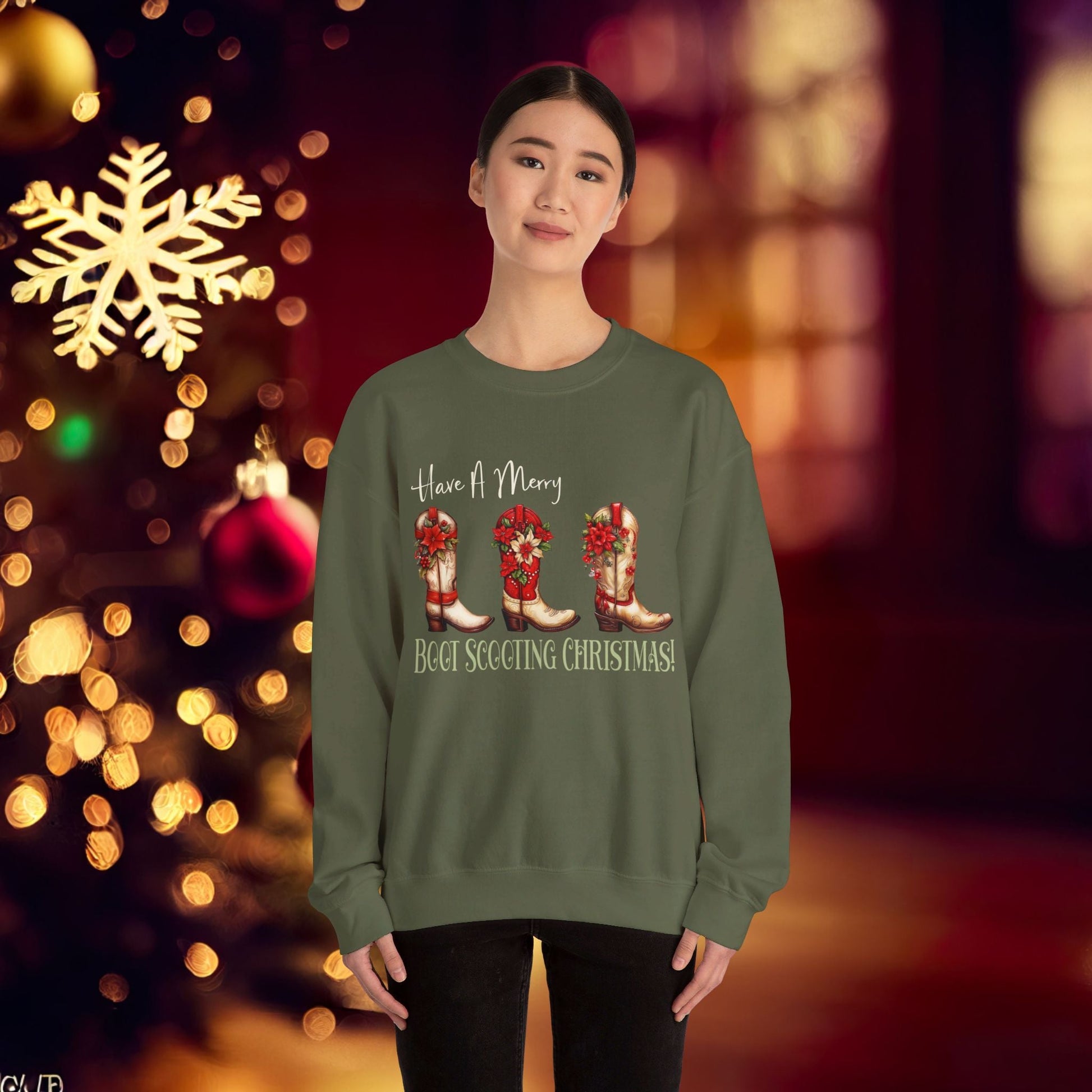 Cowboy Christmas, Boot Scooting Christmas Sweatshirt, Holiday Cowboy Boots, Cowgirl Christmas - FlooredByArt