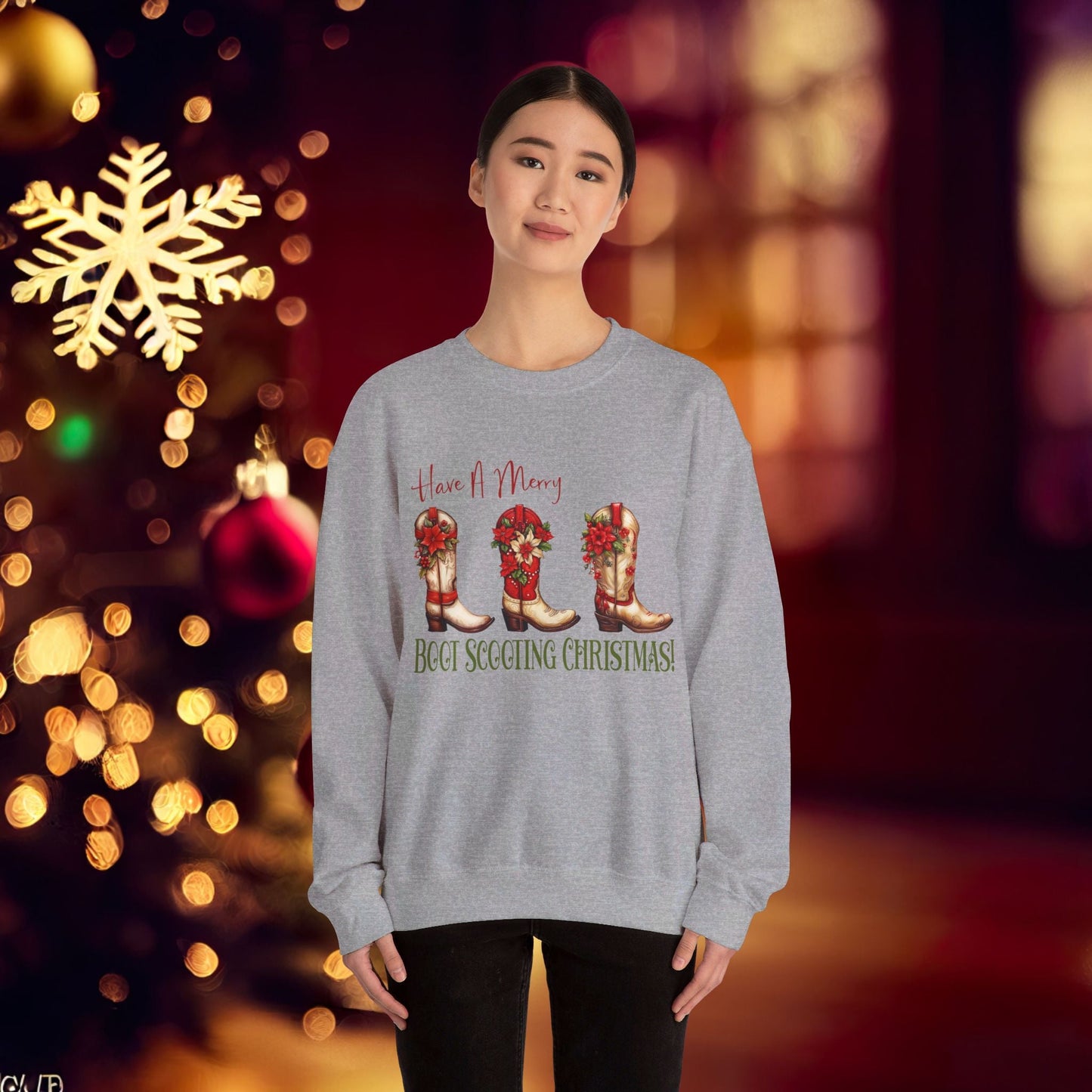 Cowboy Christmas, Boot Scooting Christmas Sweatshirt, Holiday Cowboy Boots, Cowgirl Christmas - FlooredByArt