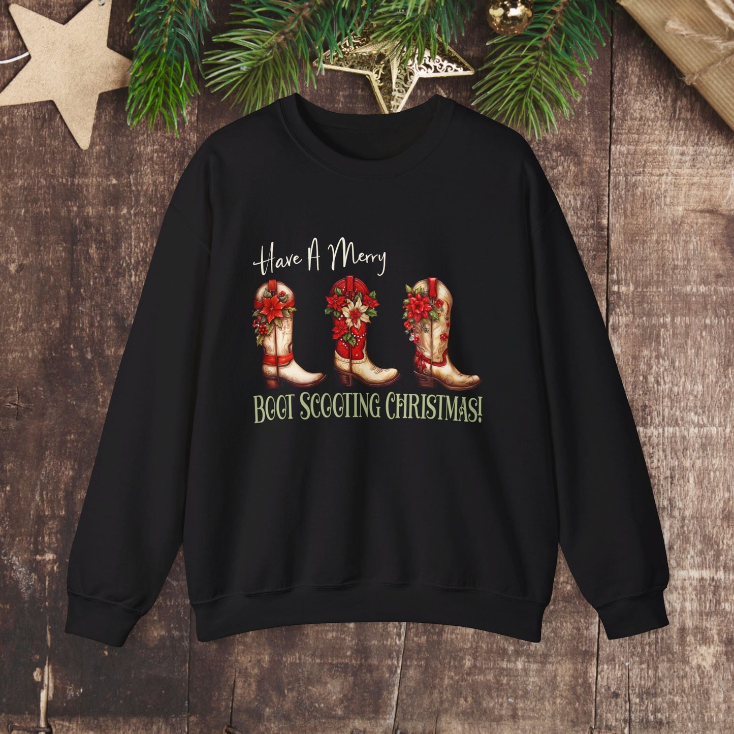 Cowboy Christmas, Boot Scooting Christmas Sweatshirt, Holiday Cowboy Boots, Cowgirl Christmas - FlooredByArt