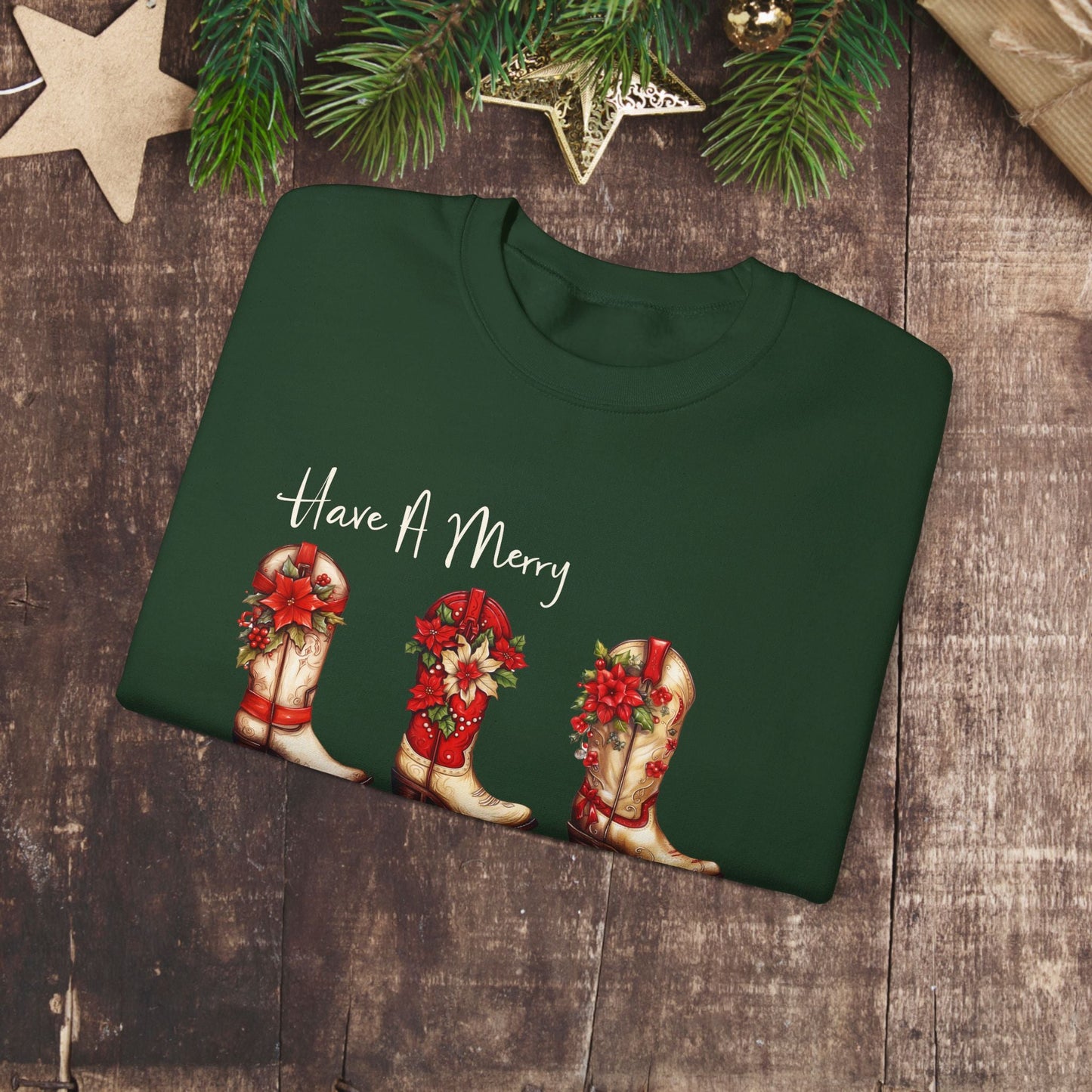 Cowboy Christmas, Boot Scooting Christmas Sweatshirt, Holiday Cowboy Boots, Cowgirl Christmas - FlooredByArt