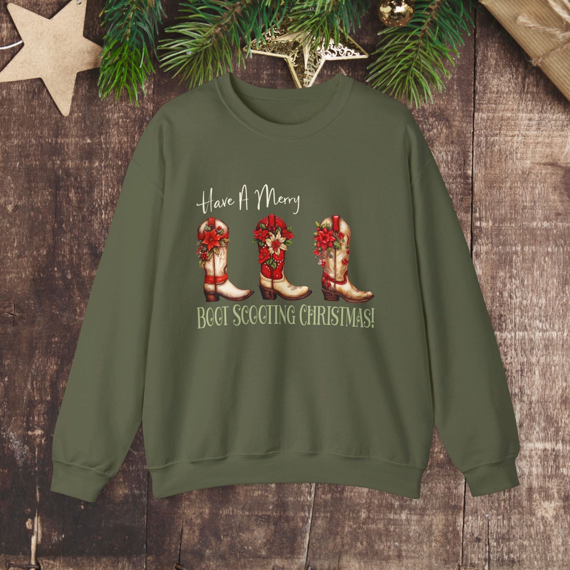 Cowboy Christmas, Boot Scooting Christmas Sweatshirt, Holiday Cowboy Boots, Cowgirl Christmas - FlooredByArt