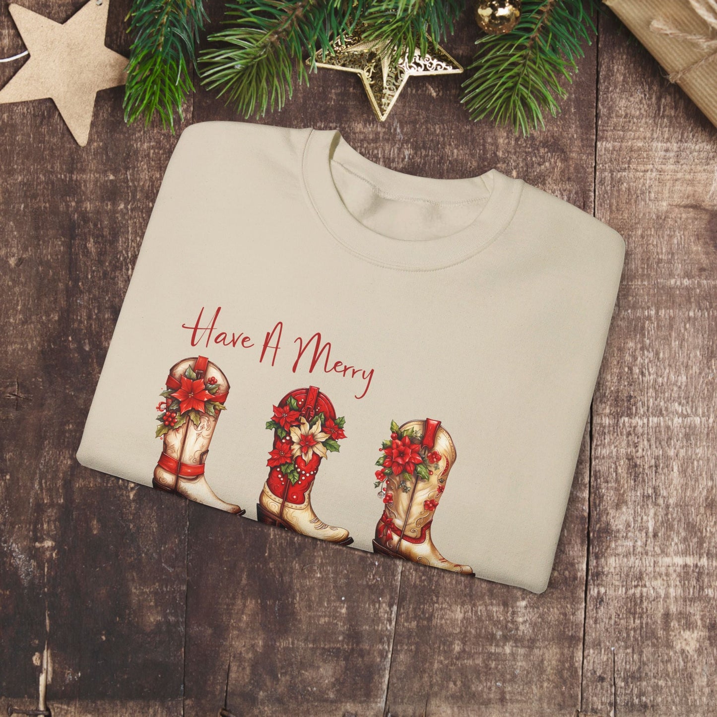 Cowboy Christmas, Boot Scooting Christmas Sweatshirt, Holiday Cowboy Boots, Cowgirl Christmas - FlooredByArt