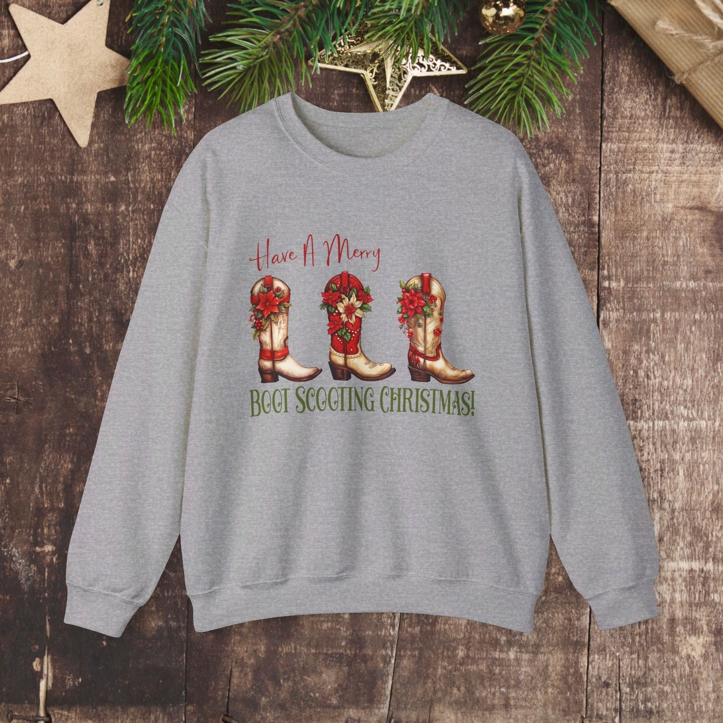 Cowboy Christmas, Boot Scooting Christmas Sweatshirt, Holiday Cowboy Boots, Cowgirl Christmas - FlooredByArt