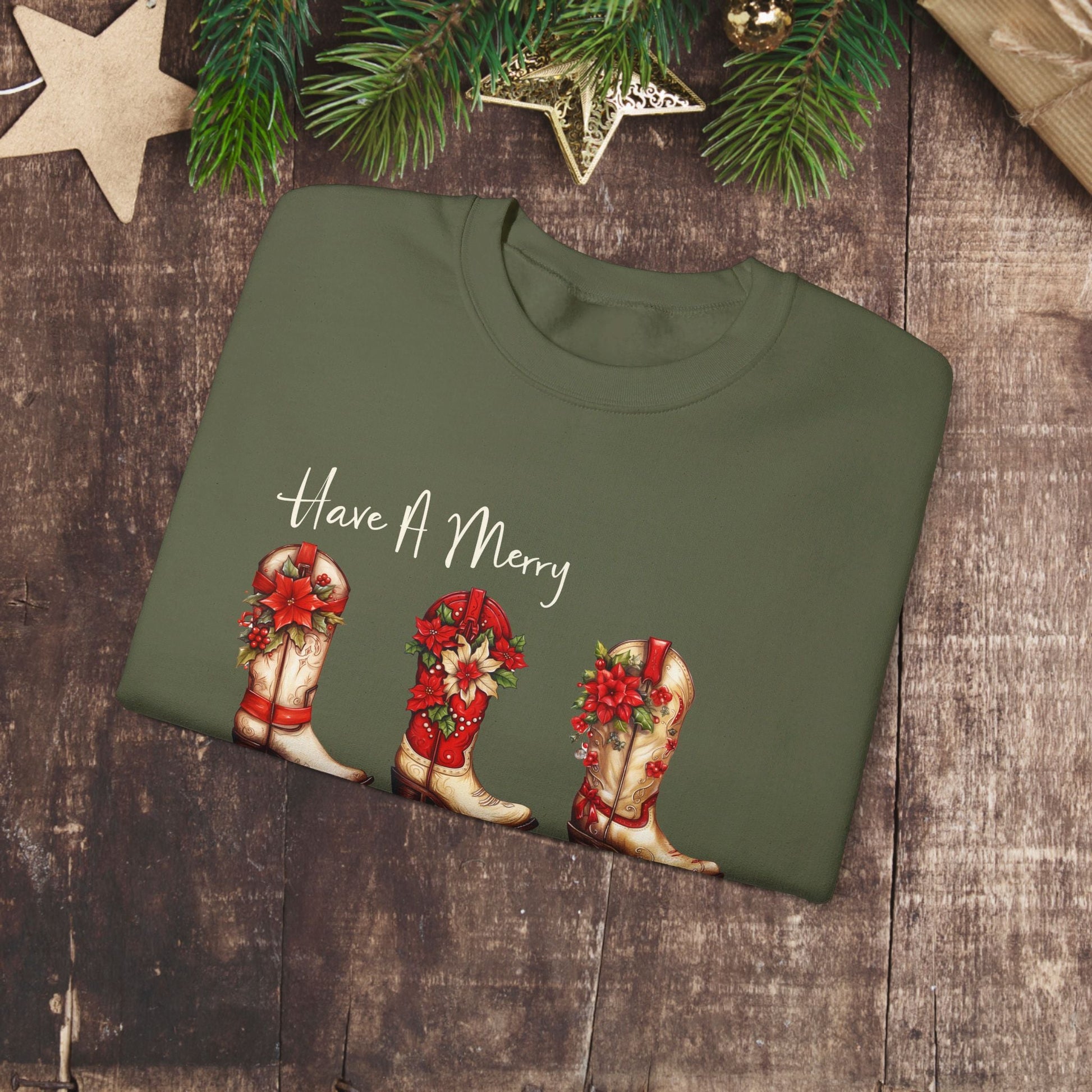 Cowboy Christmas, Boot Scooting Christmas Sweatshirt, Holiday Cowboy Boots, Cowgirl Christmas - FlooredByArt