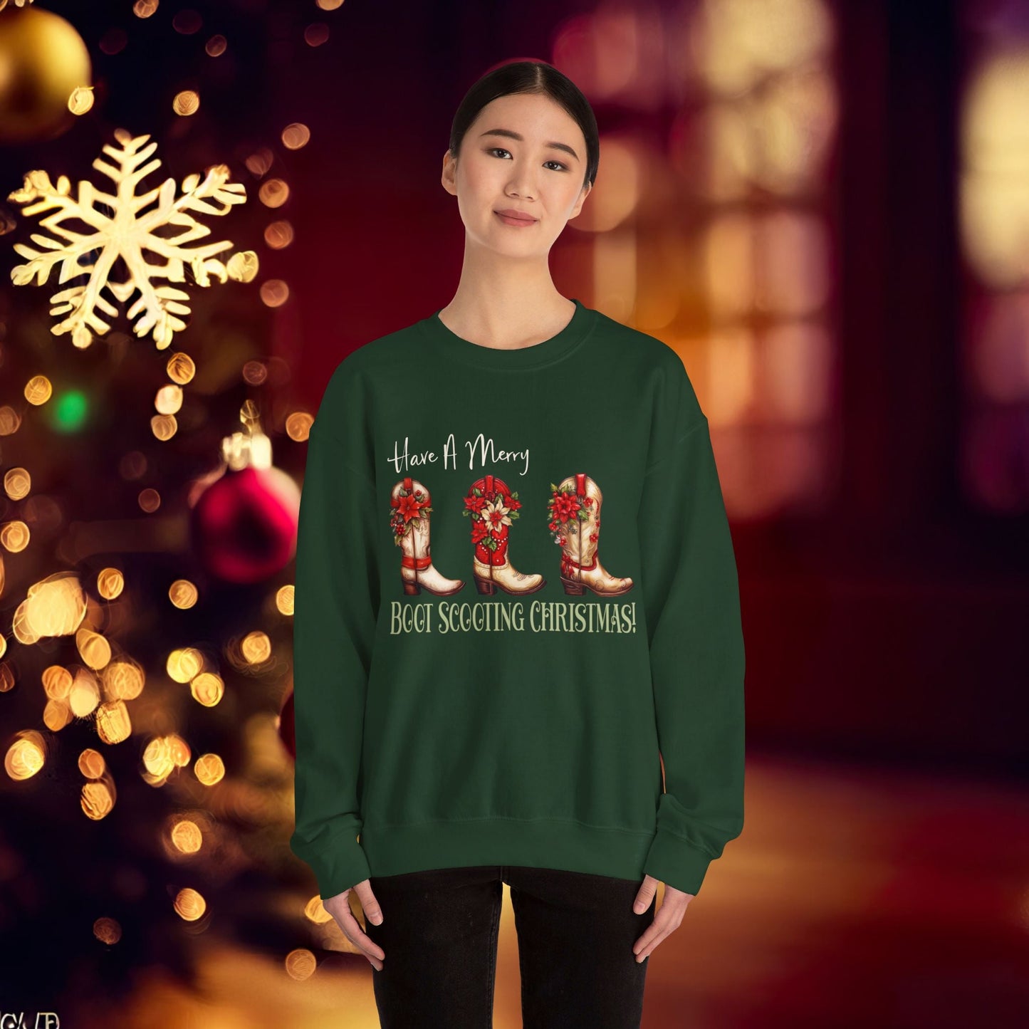 Cowboy Christmas, Boot Scooting Christmas Sweatshirt, Holiday Cowboy Boots, Cowgirl Christmas - FlooredByArt