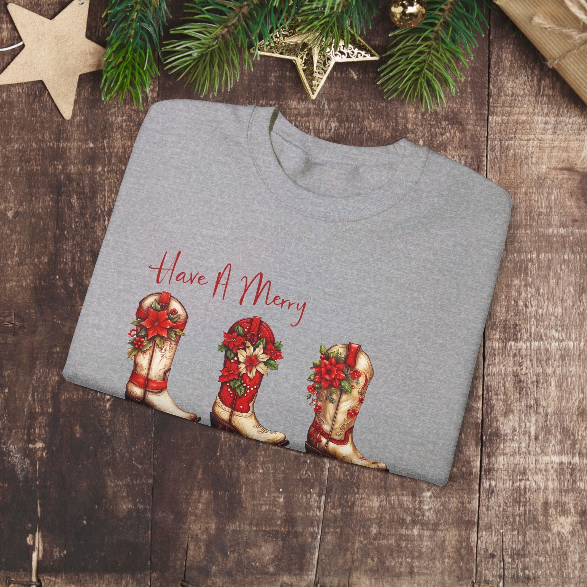 Cowboy Christmas, Boot Scooting Christmas Sweatshirt, Holiday Cowboy Boots, Cowgirl Christmas - FlooredByArt