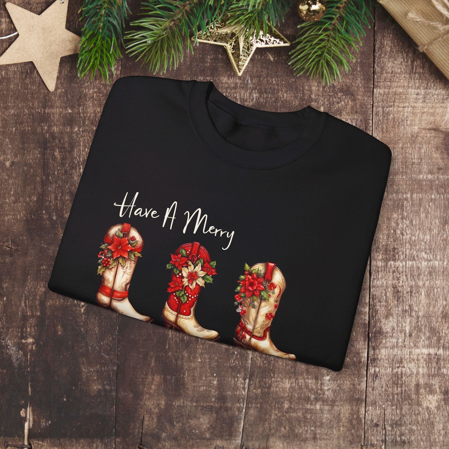 Cowboy Christmas, Boot Scooting Christmas Sweatshirt, Holiday Cowboy Boots, Cowgirl Christmas - FlooredByArt