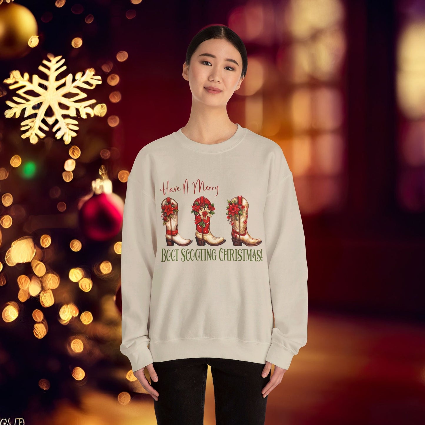 Cowboy Christmas, Boot Scooting Christmas Sweatshirt, Holiday Cowboy Boots, Cowgirl Christmas - FlooredByArt