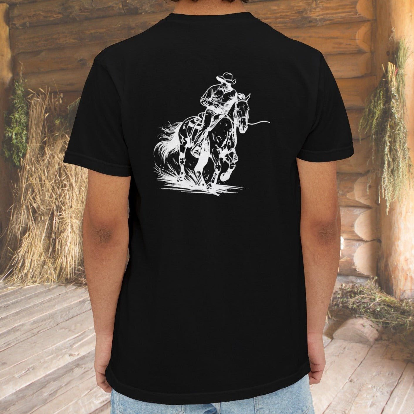 Cowboy Rancher Horse Art Pocket T-shirt, Front Back Printing, Cutting Horse Art - FlooredByArt