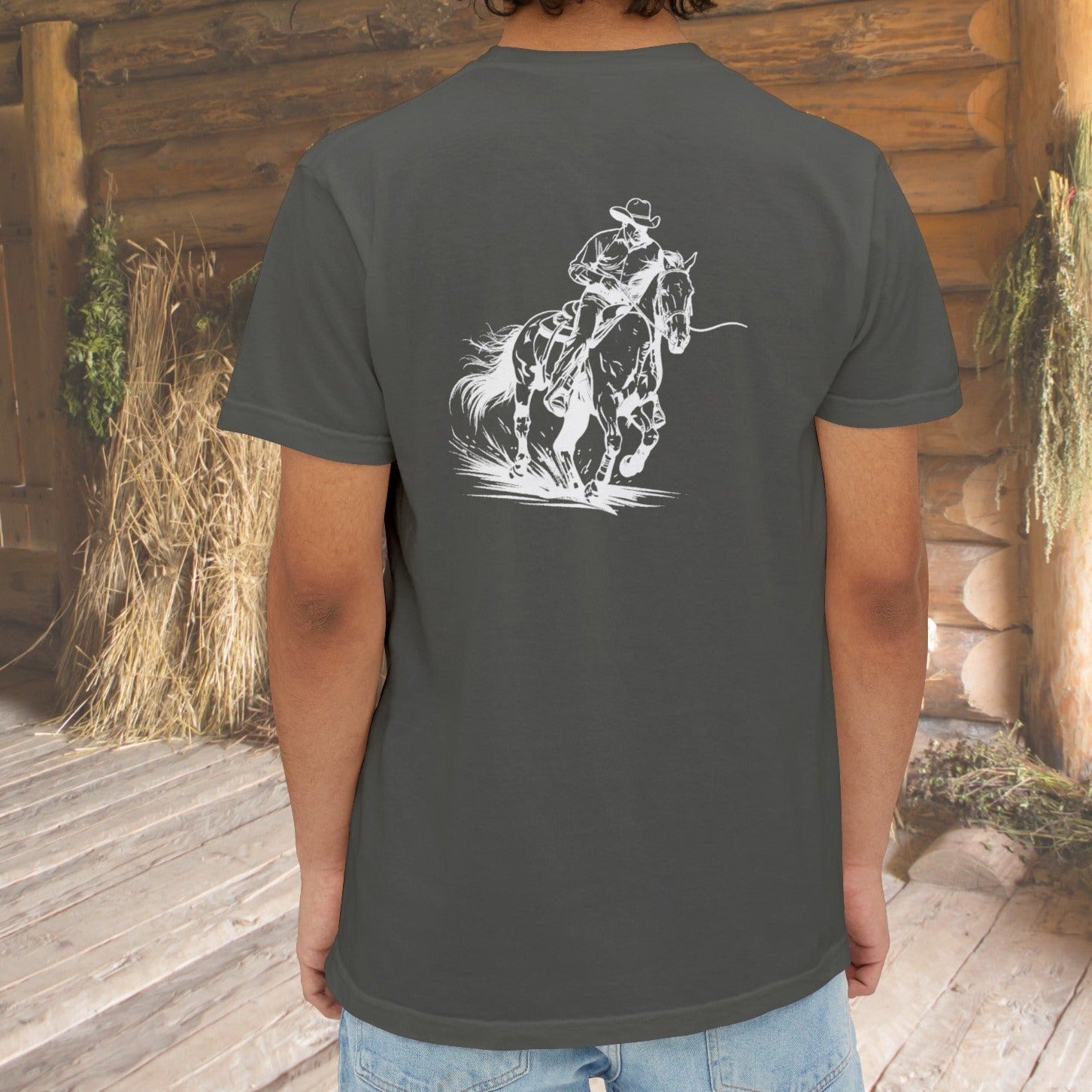 Cowboy Rancher Horse Art Pocket T-shirt, Front Back Printing, Cutting Horse Art - FlooredByArt