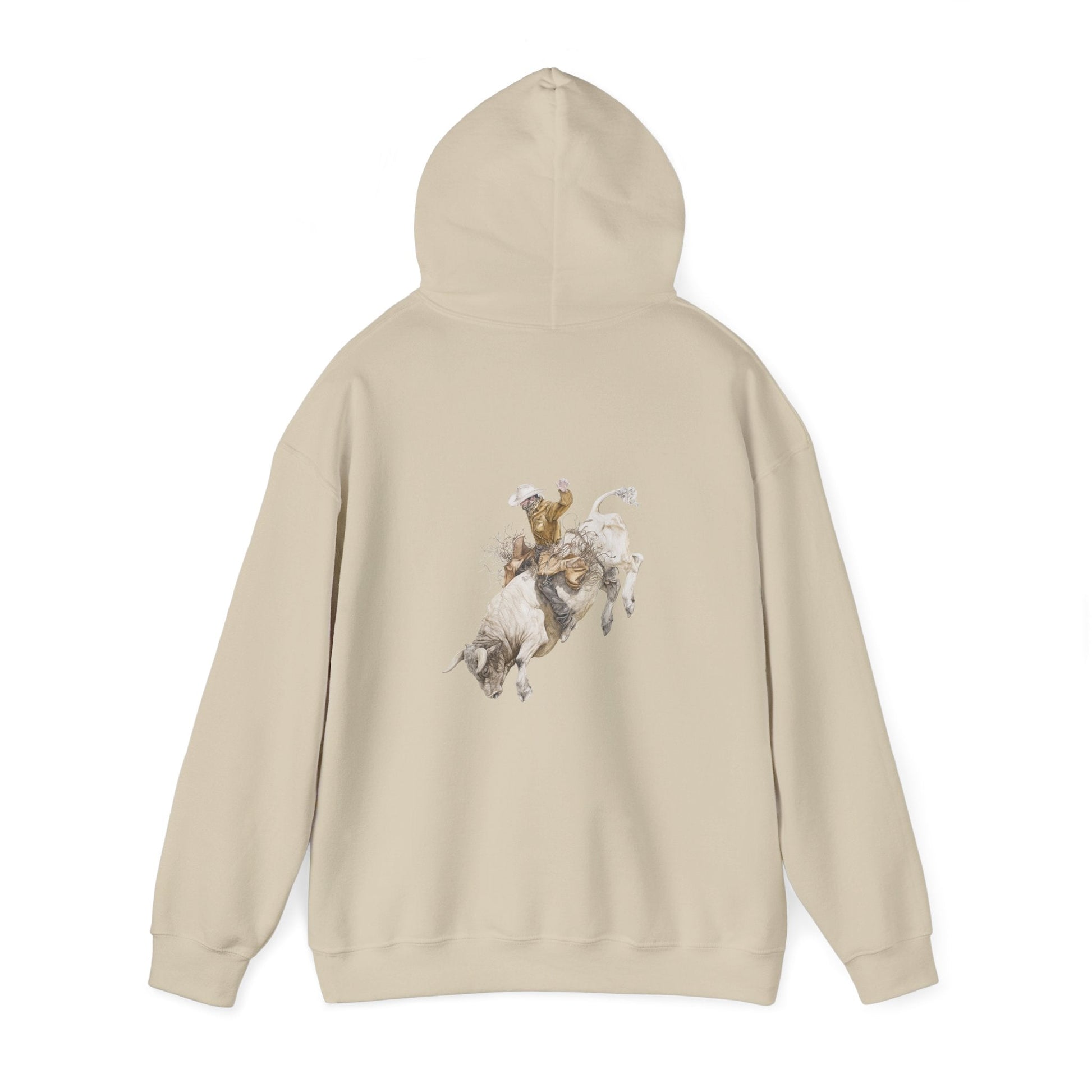 Cowboy Rodeo Hoodie – Western Bull Rider Graphic Sweatshirt in Sand, Country Style Unisex Pullover - FlooredByArt