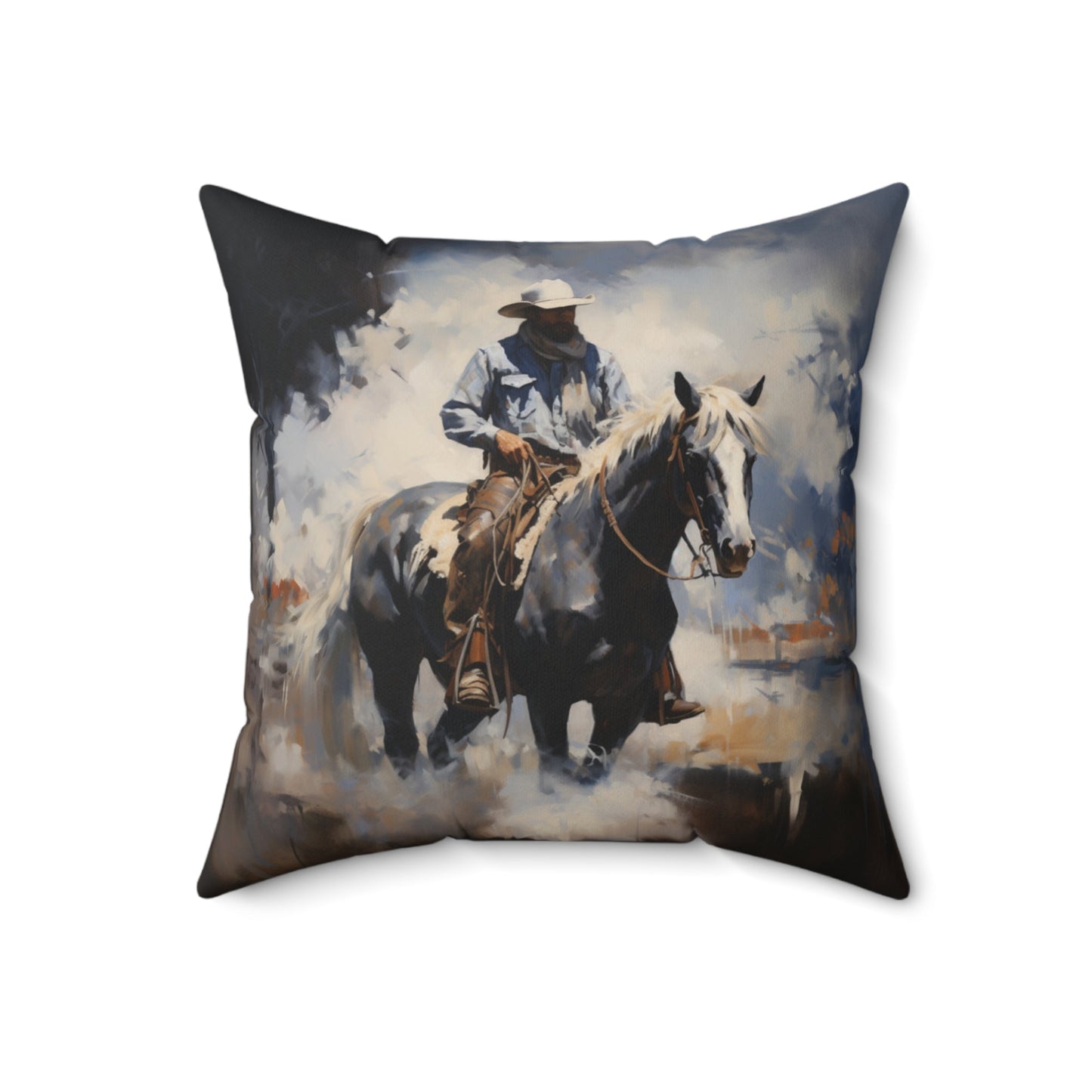 Cowboy Throw Pillow, Dramatic Colors Cowboy Decor, Horse Art Cowboy, 4 Sizes - FlooredByArt