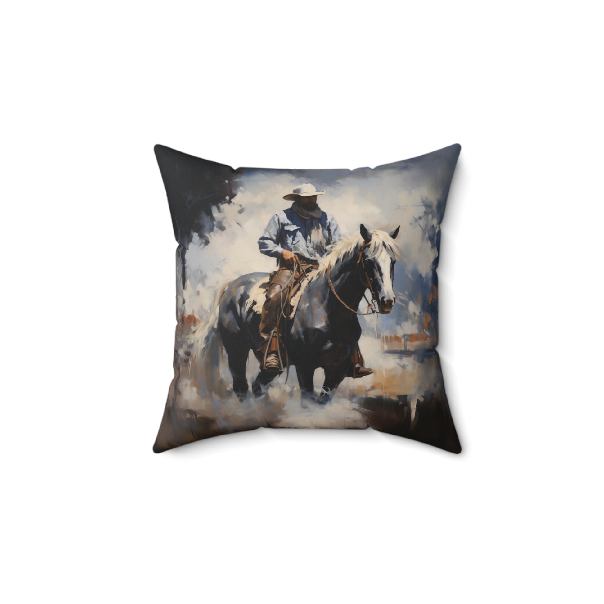 Cowboy Throw Pillow, Dramatic Colors Cowboy Decor, Horse Art Cowboy, 4 Sizes - FlooredByArt