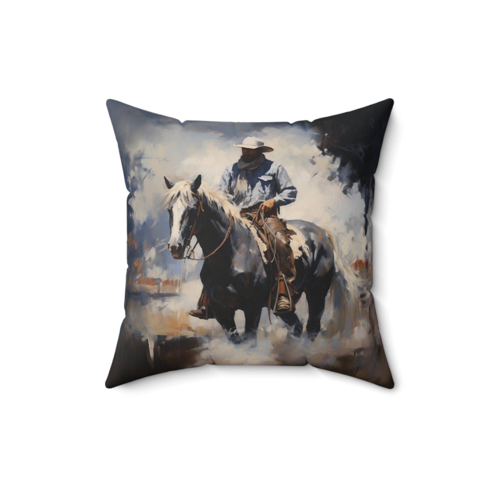 Cowboy Throw Pillow, Dramatic Colors Cowboy Decor, Horse Art Cowboy, 4 Sizes - FlooredByArt