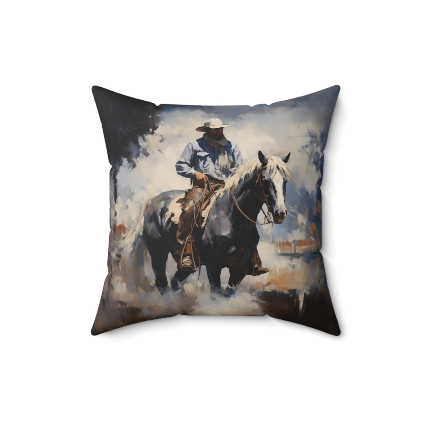 Cowboy Throw Pillow, Dramatic Colors Cowboy Decor, Horse Art Cowboy, 4 Sizes - FlooredByArt