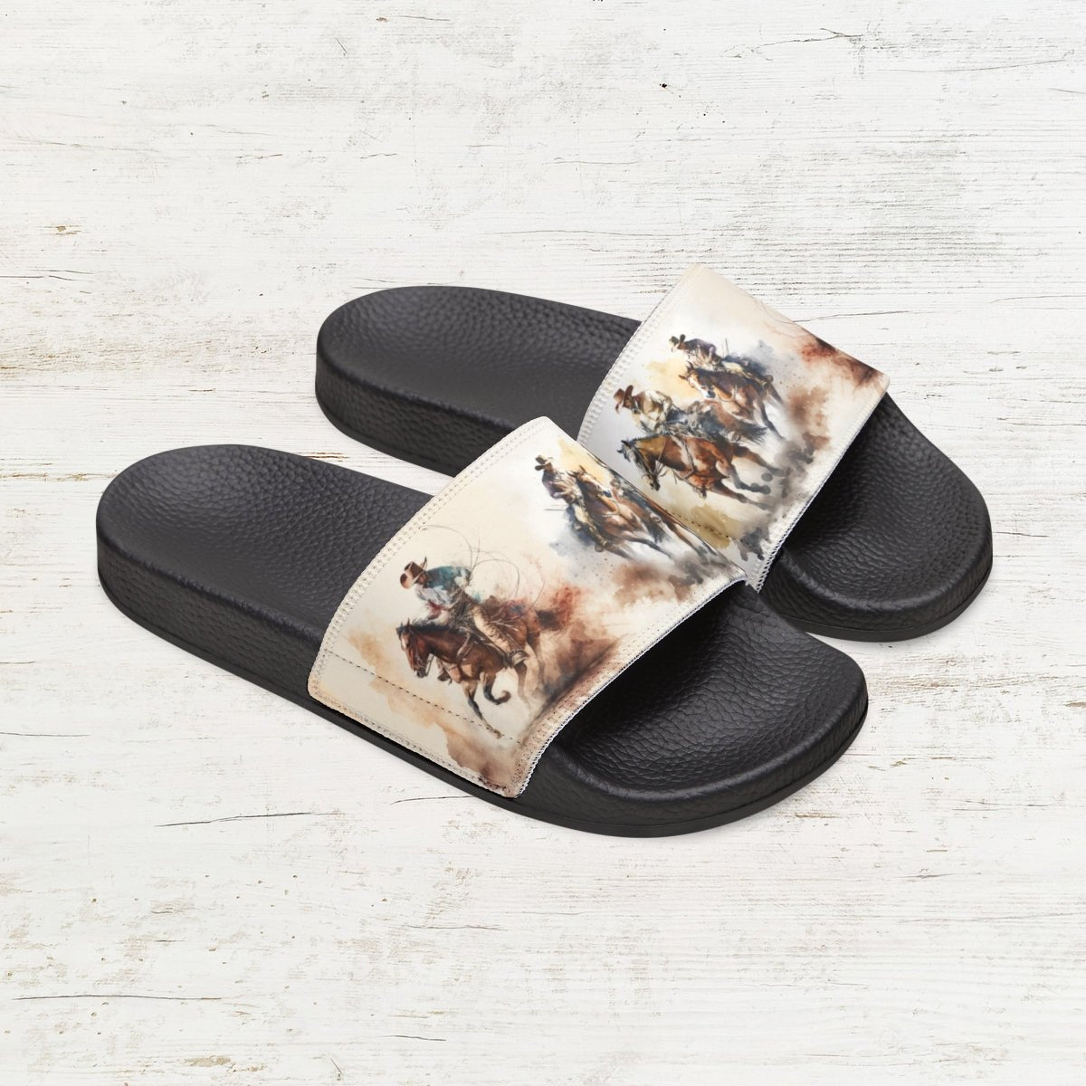 Cowboys & Horses PU Slip-on Sandals, Adult / Youth Sizes, Western Style Shoes - FlooredByArt