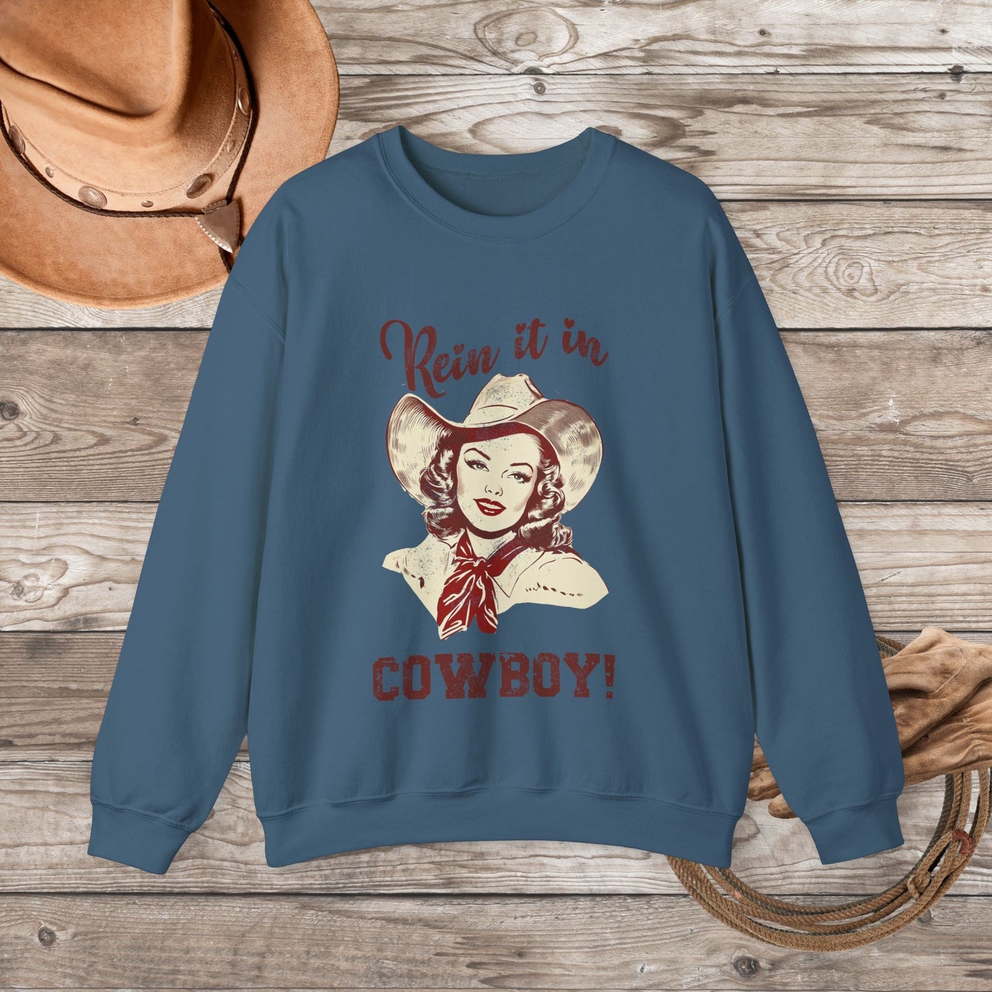 Cowgirl Sweatshirt, Rodeo Girl, Rein it In Cowboy! Vintage Retro Sweater Western Oversized - FlooredByArt
