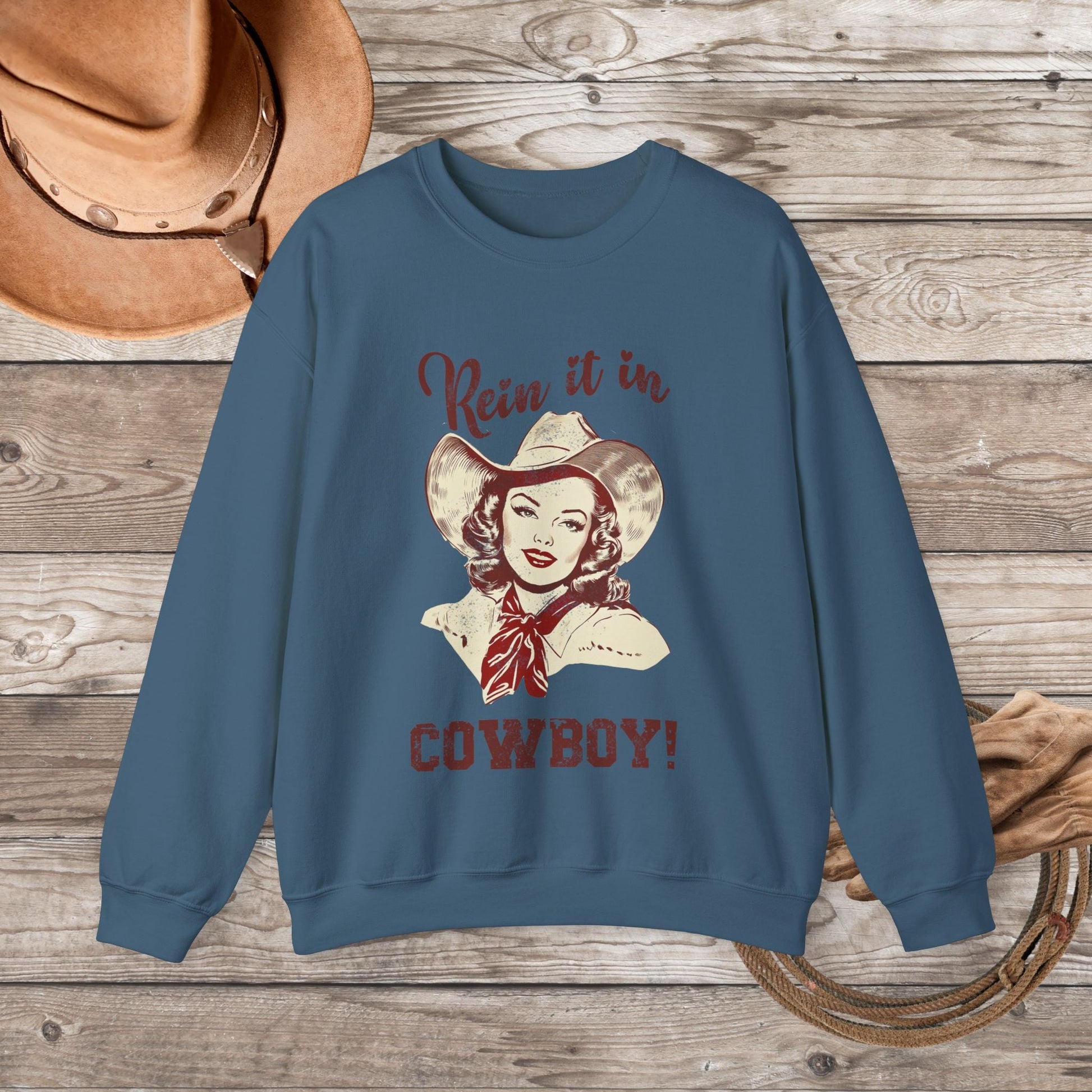 Cowgirl Sweatshirt, Rodeo Girl, Rein it In Cowboy! Vintage Retro Sweater Western Oversized - FlooredByArt