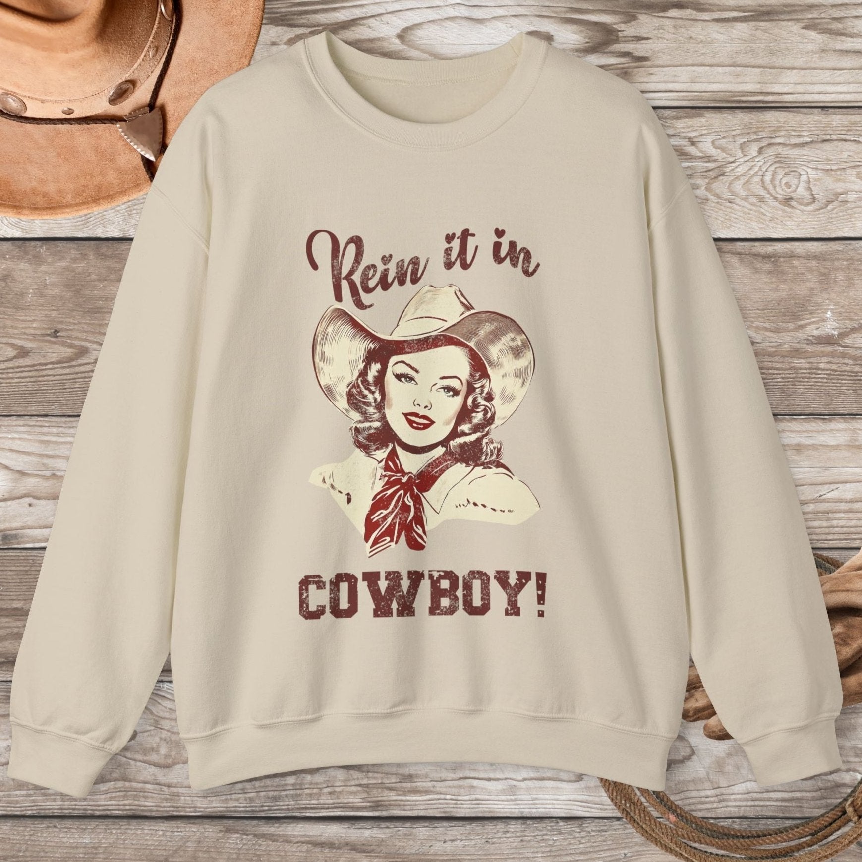 Cowgirl Sweatshirt, Rodeo Girl, Rein it In Cowboy! Vintage Retro Sweater Western Oversized - FlooredByArt