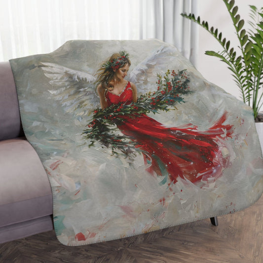 Crimson Red Christmas Angel Blanket, Unique Religious Art Design - FlooredByArt