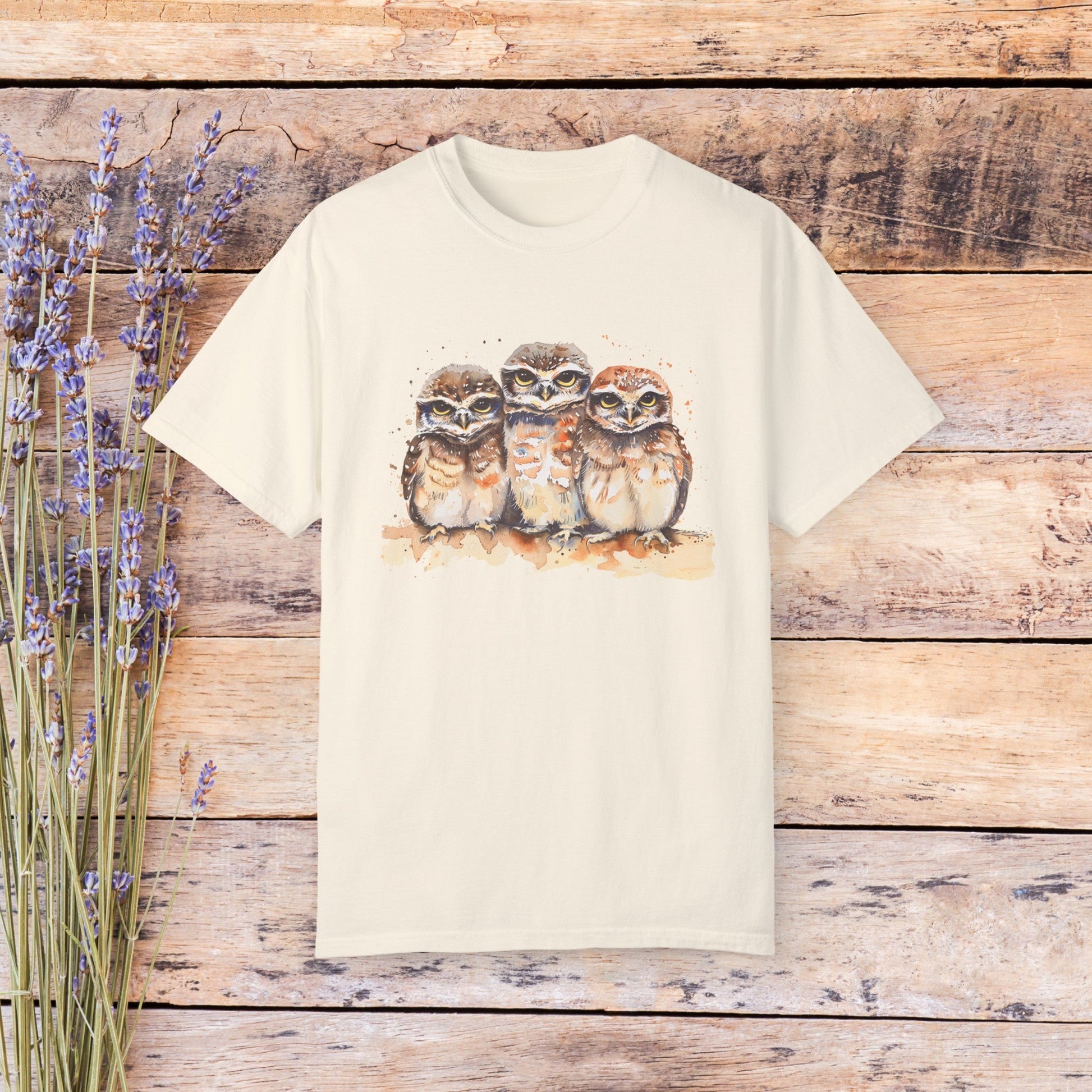 Cute Baby Owls Comfort Color T-Shirt, Burrowing Owl Chicks Art Tee Shirt, Wildlife - FlooredByArt