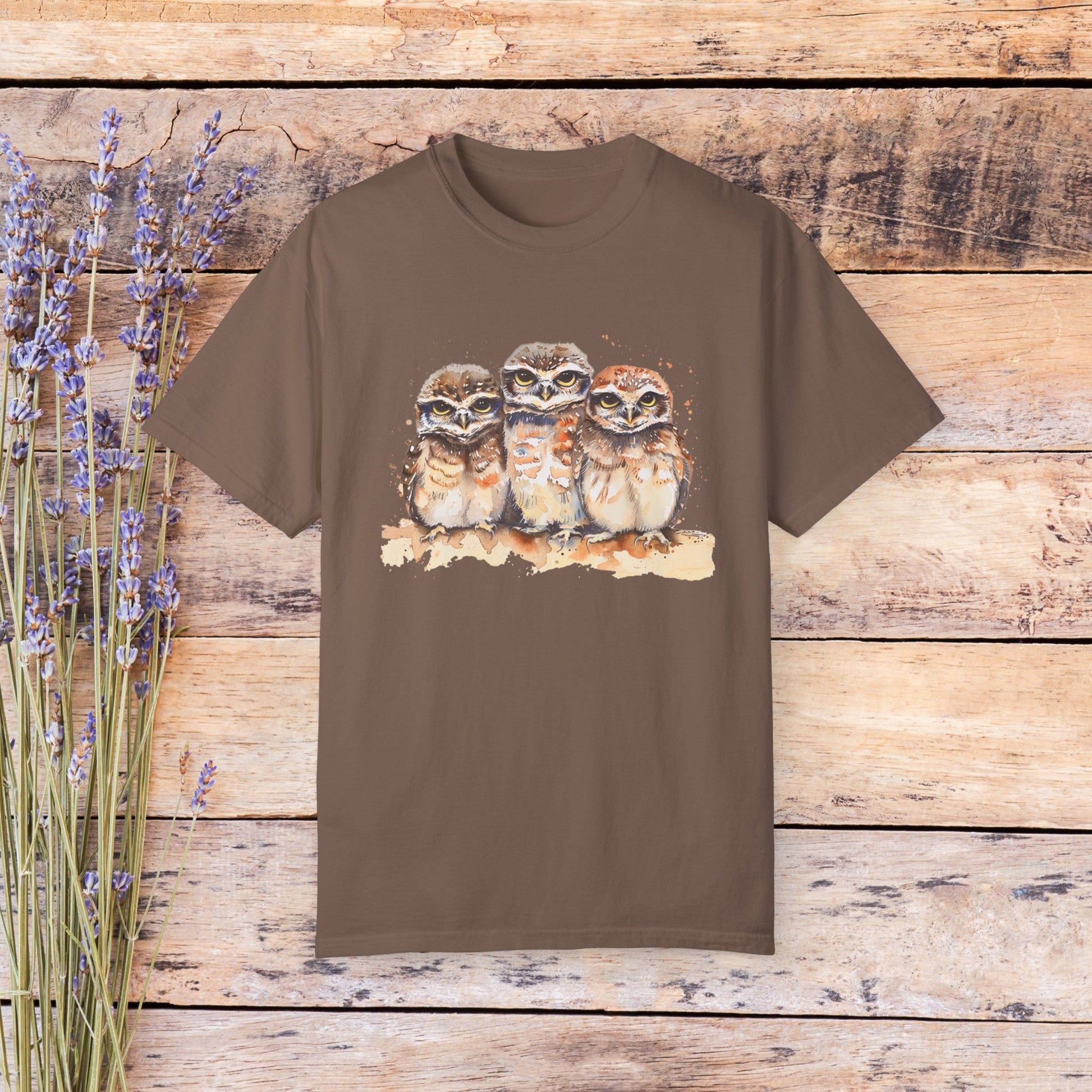 Cute Baby Owls Comfort Color T-Shirt, Burrowing Owl Chicks Art Tee Shirt, Wildlife - FlooredByArt