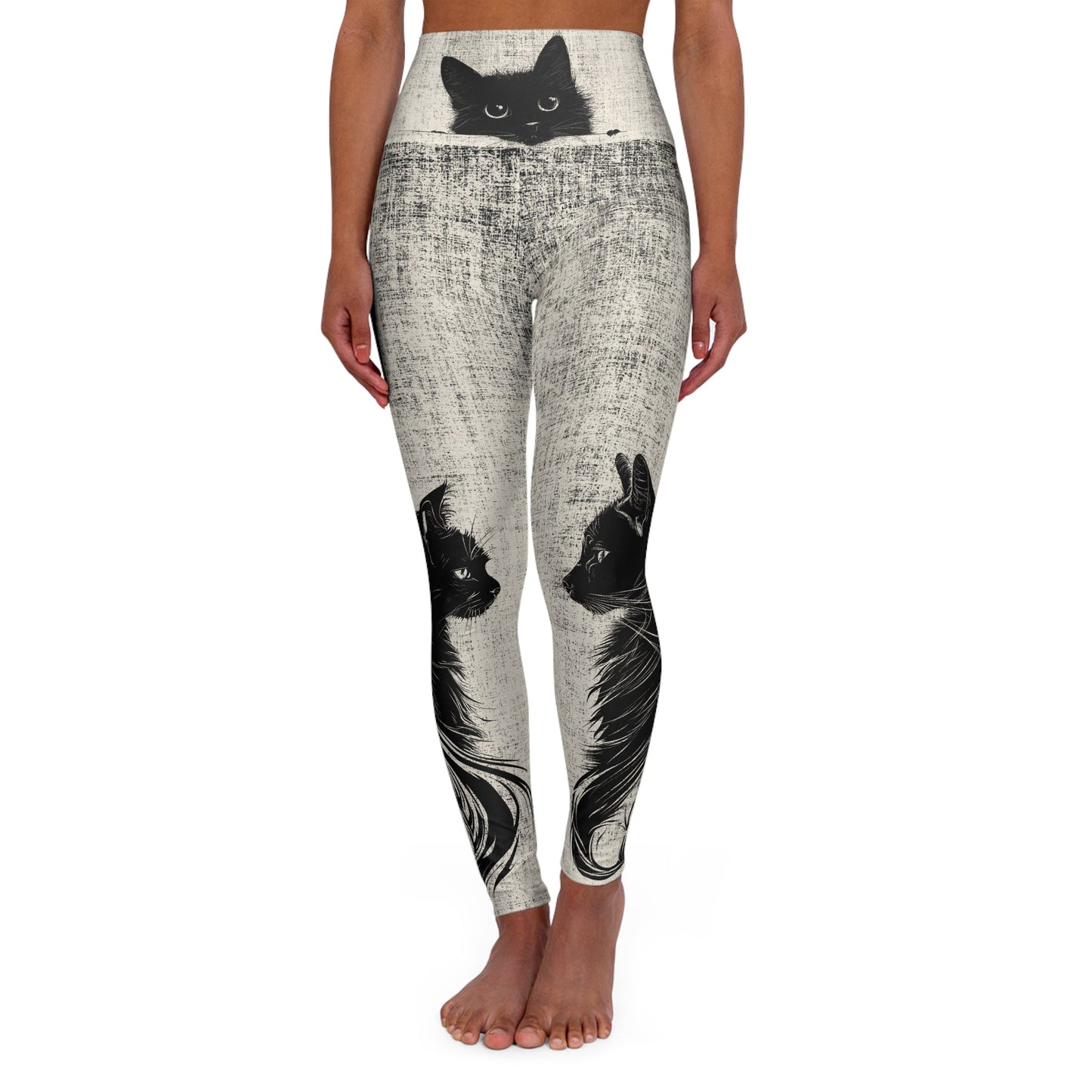 Cute Black Cat Art Leggings, Boho Black Cat Art on High Waisted - FlooredByArt