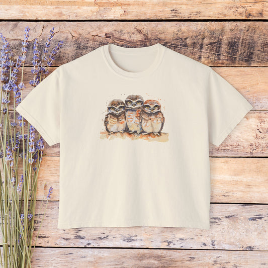 Cute Burrowing Owls Comfort Color Crop T-Shirt, Baby Owl Chicks Art Tee Shirt - FlooredByArt