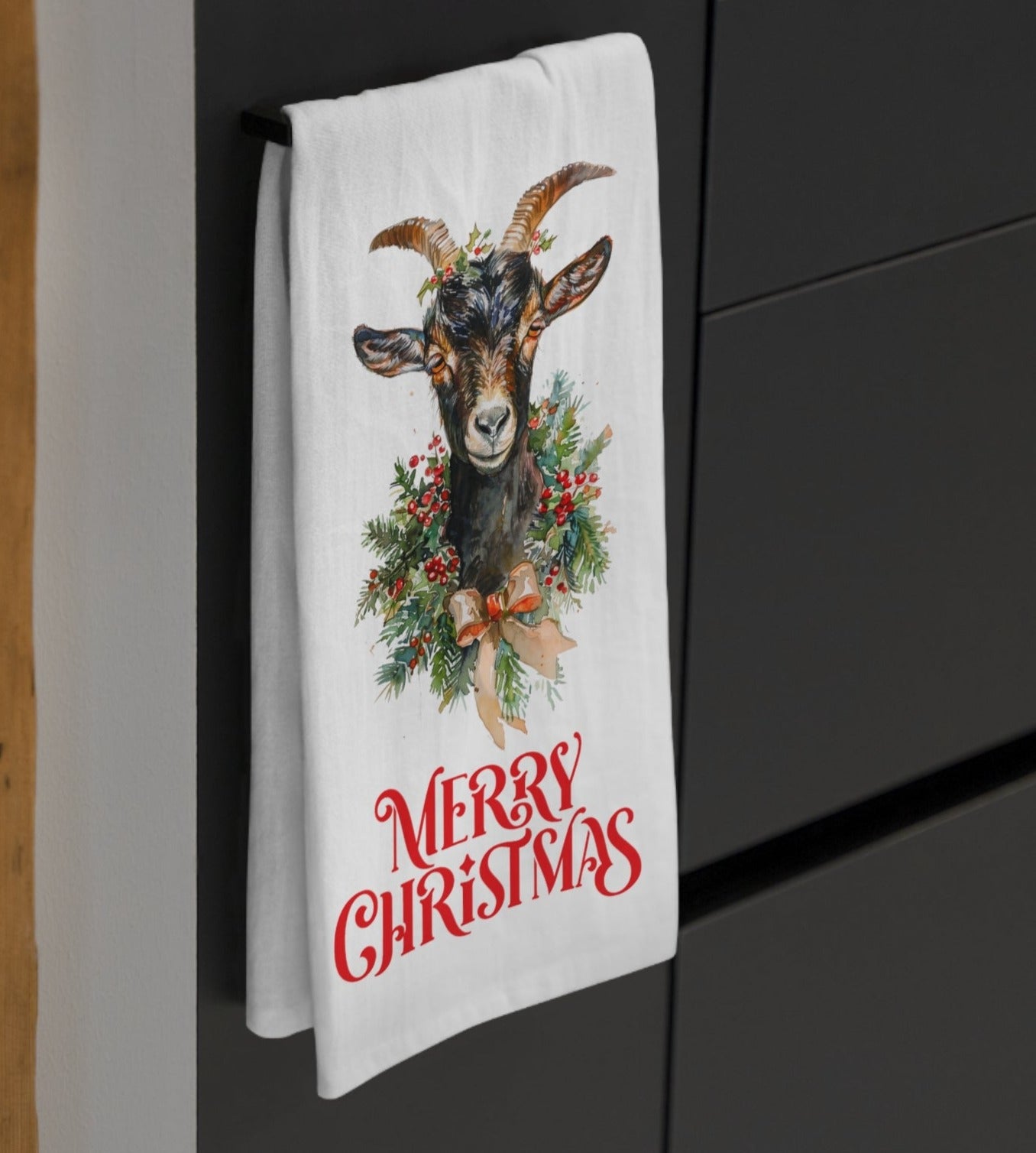 Cute Chrismas Goat Kitchen Tea Towel, Brown Baby Goat Holiday Decor - FlooredByArt