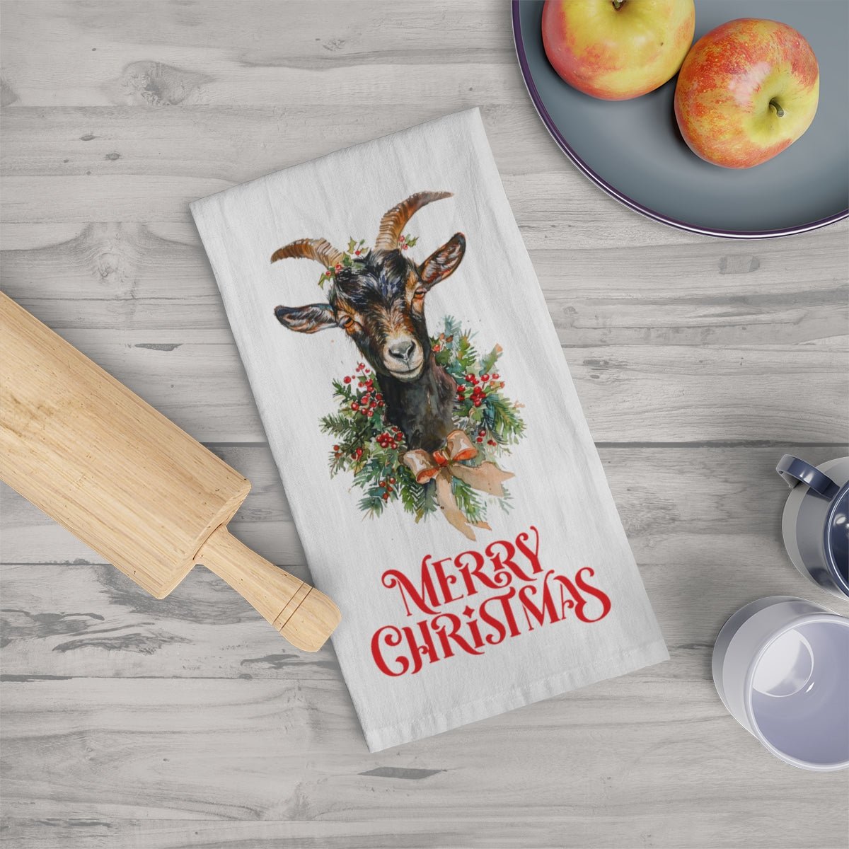 Cute Chrismas Goat Kitchen Tea Towel, Brown Baby Goat Holiday Decor - FlooredByArt