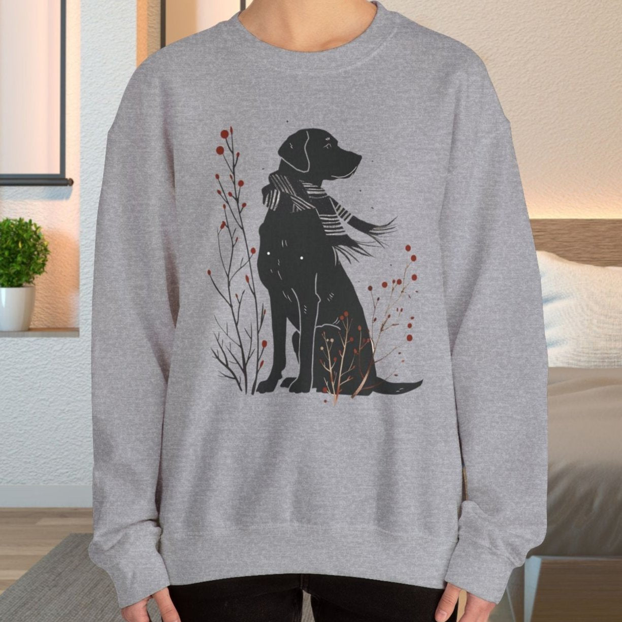 Cute Dog Sweatshirt, Minimalist Black Dog Art Shirt, Dog Dressed in Striped Scarf, Dog Lover Gift, Dog Mom Sweater Gift, Holiday Hoodie - FlooredByArt