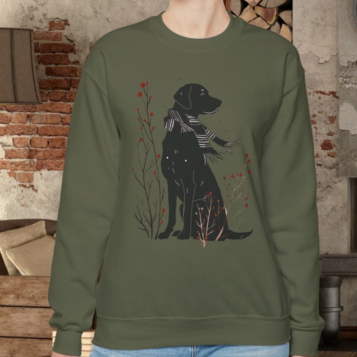 Cute Dog Sweatshirt, Minimalist Black Dog Art Shirt, Dog Dressed in Striped Scarf, Dog Lover Gift, Dog Mom Sweater Gift, Holiday Hoodie - FlooredByArt