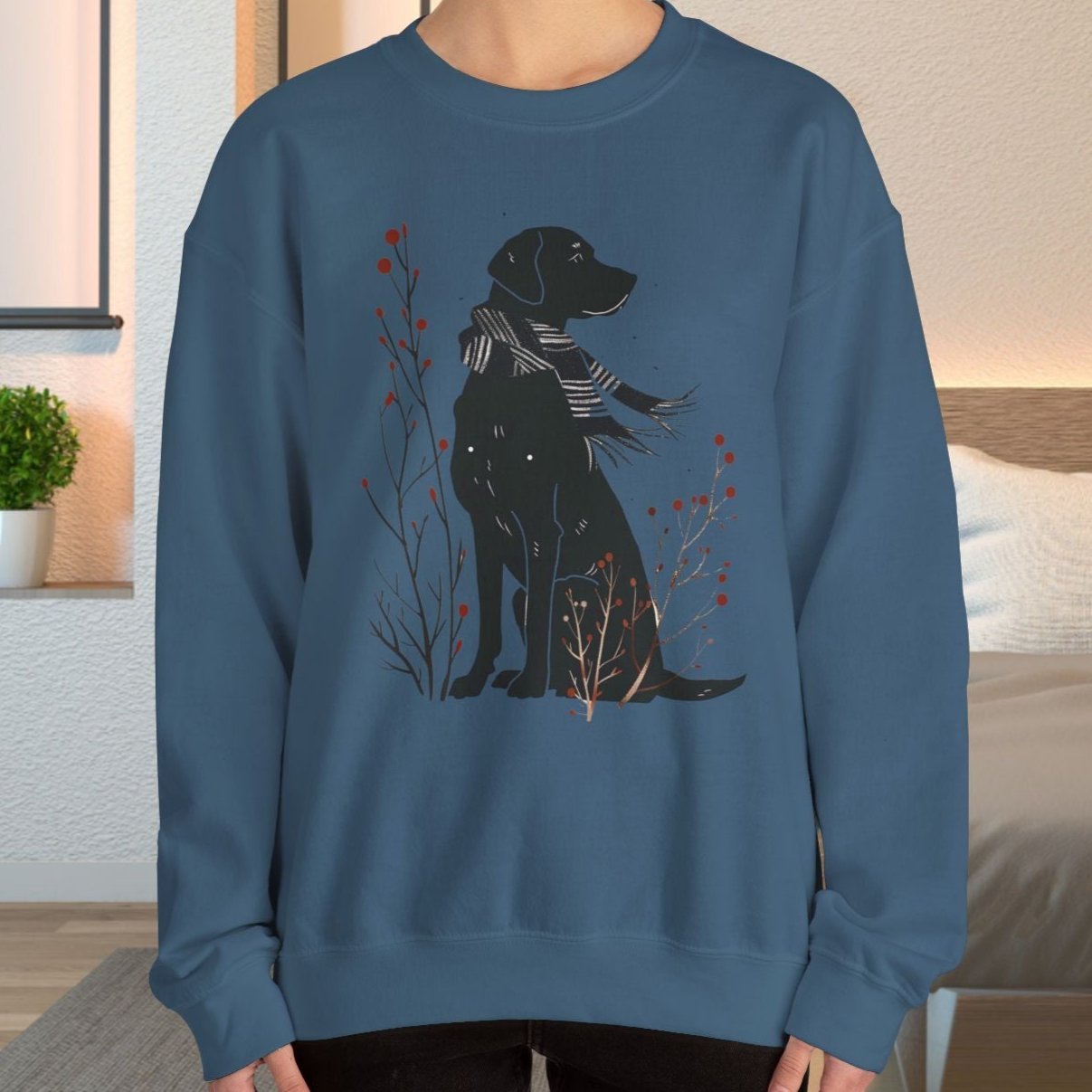 Cute Dog Sweatshirt, Minimalist Black Dog Art Shirt, Dog Dressed in Striped Scarf, Dog Lover Gift, Dog Mom Sweater Gift, Holiday Hoodie - FlooredByArt