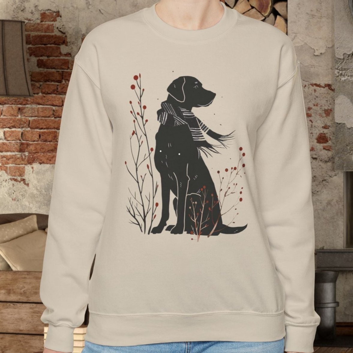 Cute Dog Sweatshirt, Minimalist Black Dog Art Shirt, Dog Dressed in Striped Scarf, Dog Lover Gift, Dog Mom Sweater Gift, Holiday Hoodie - FlooredByArt