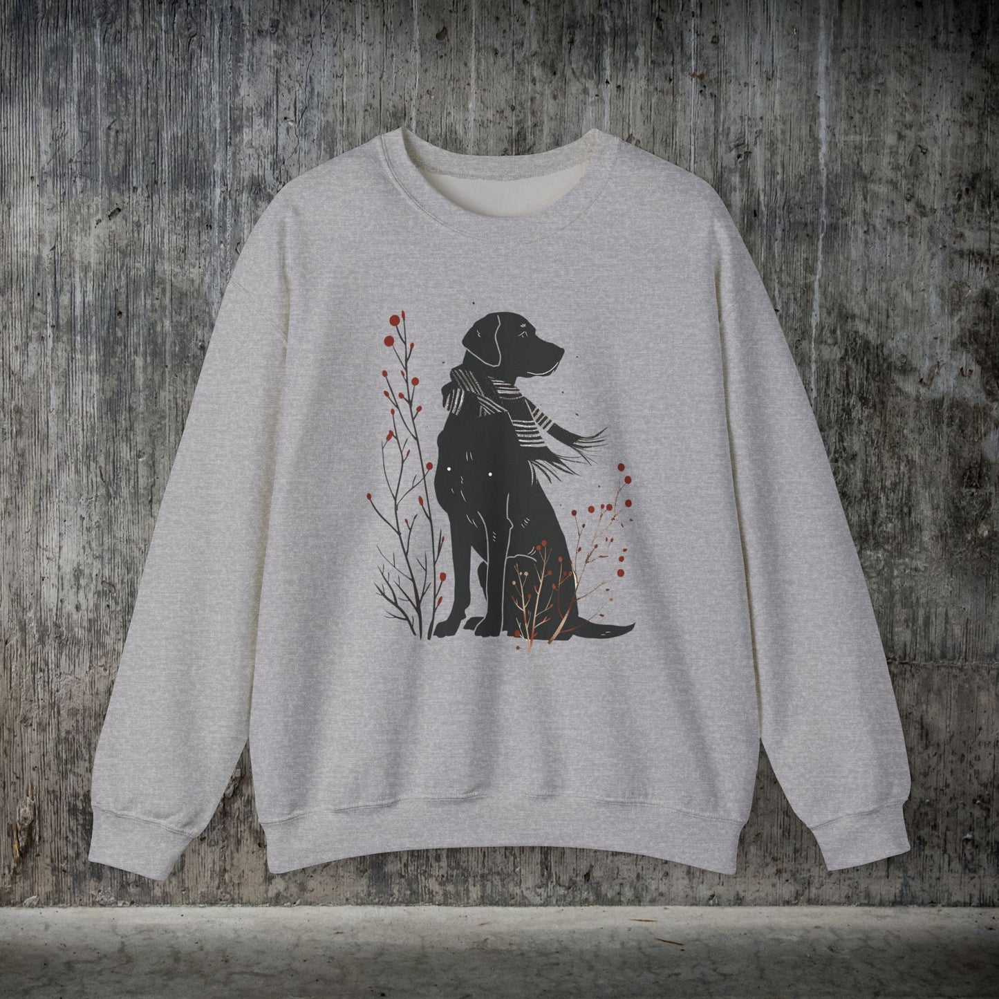 Cute Dog Sweatshirt, Minimalist Black Dog Art Shirt, Dog Dressed in Striped Scarf, Dog Lover Gift, Dog Mom Sweater Gift, Holiday Hoodie - FlooredByArt