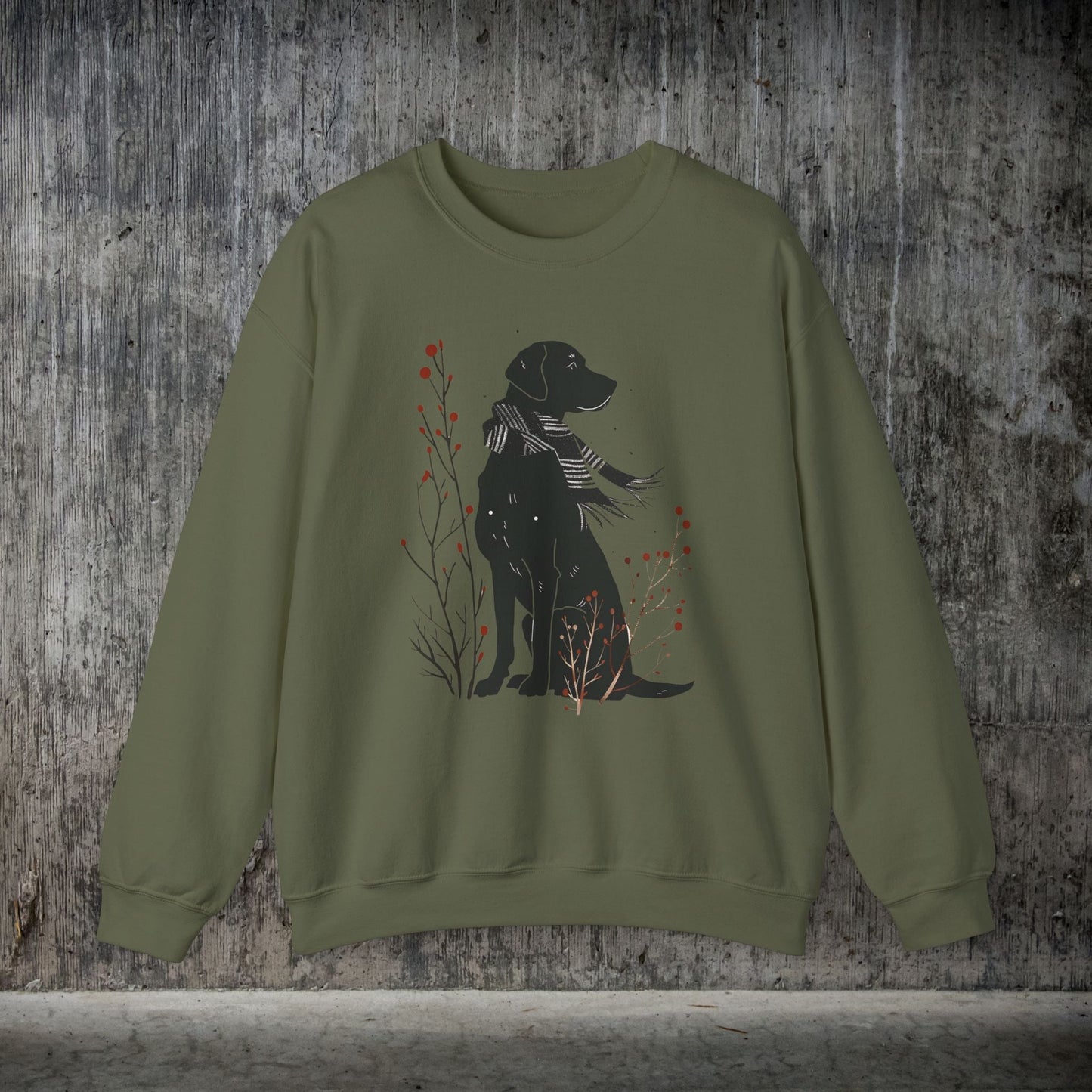 Cute Dog Sweatshirt, Minimalist Black Dog Art Shirt, Dog Dressed in Striped Scarf, Dog Lover Gift, Dog Mom Sweater Gift, Holiday Hoodie - FlooredByArt