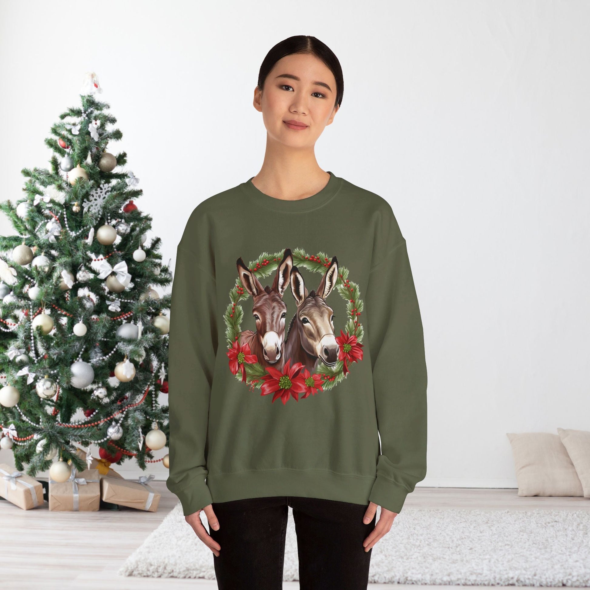 Cute Donkey Christmas Sweatshirt, Horse Lovers Holiday Shirt, Funny Christmas Sweater for Donkey Lovers - FlooredByArt